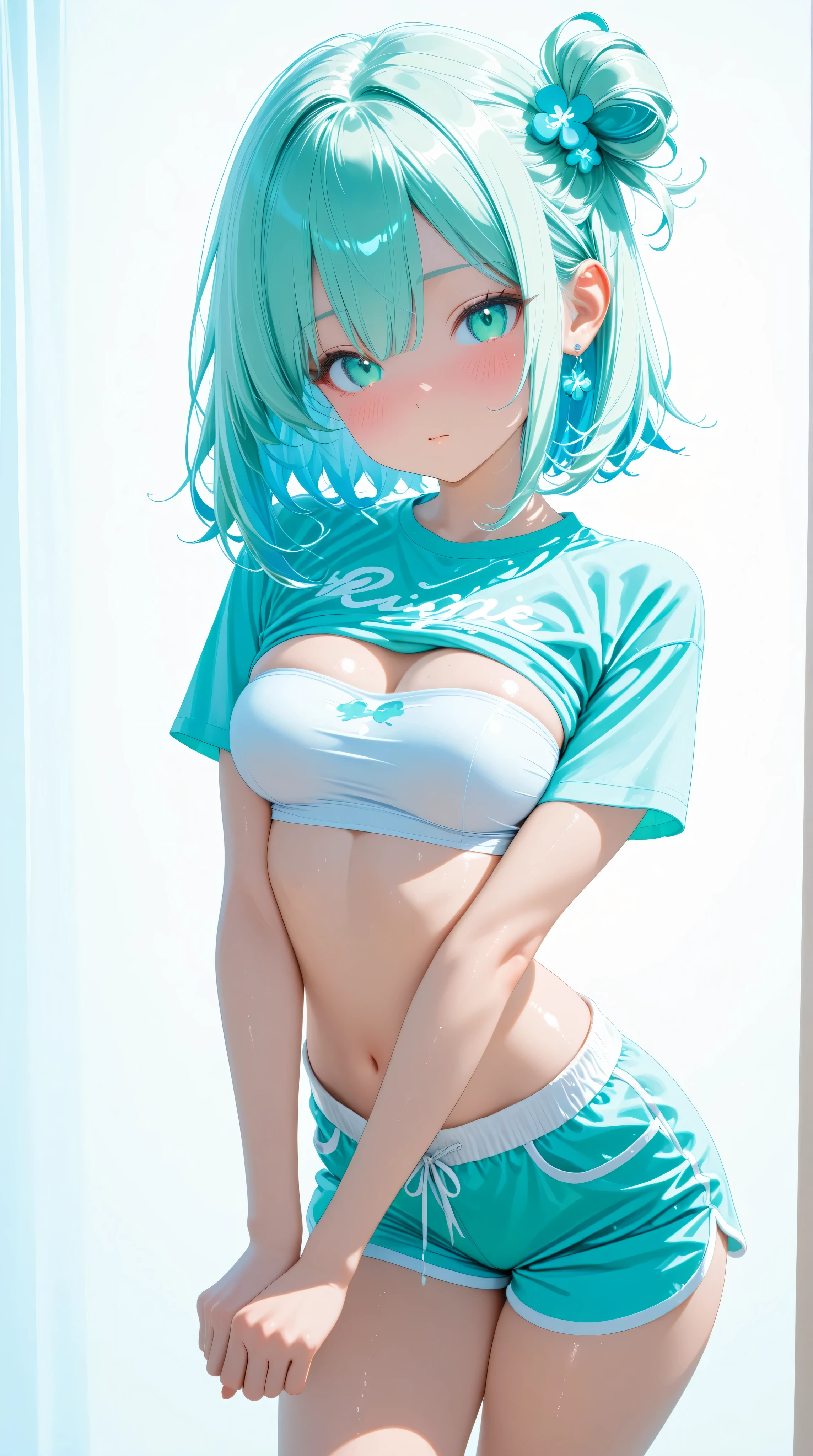 cute girl . Very kawaii , round face . alone , Slim , medium breasts , short and small . shiny skin . Pure white tube top T-shirt . shorts . dynamic poses . dynamic angle . No background , White background , looking at the viewer, Kizi,Highly detailed, Amazing work,Vitreous luster,((clean backdrop)),In pink,(((blue colors))),green color,red colour,Best quality at best,clean backdrop。heavy blushing,