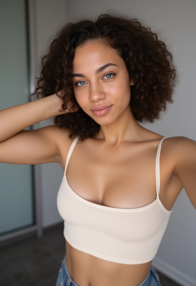 curly hair; Brown eyes; mixed race
