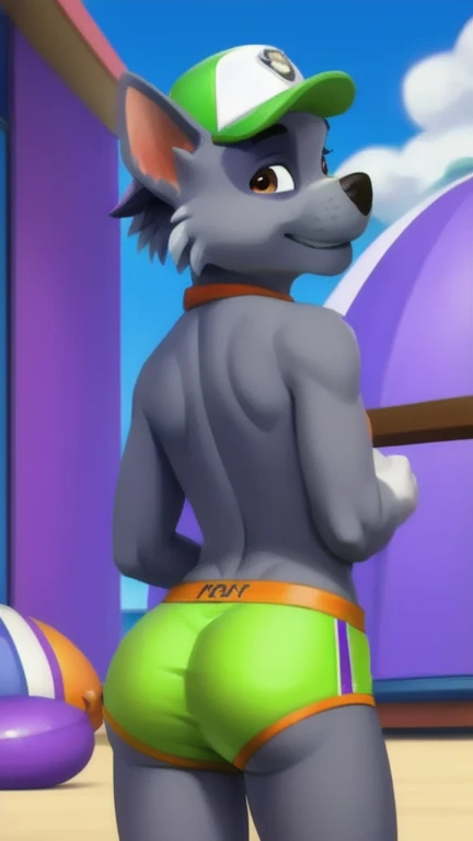 depth of fields, lighting perfect, light particles,(best quality), (masterpiece), (ultra - detailed, Sharp focus, light particles, inij,black cat male,ge age,teen temperament,Eyes,purple eyes ,Crossed waist with one hand, rays of sunshine,城市,Mysterious smile, penis, Naked, view from behind