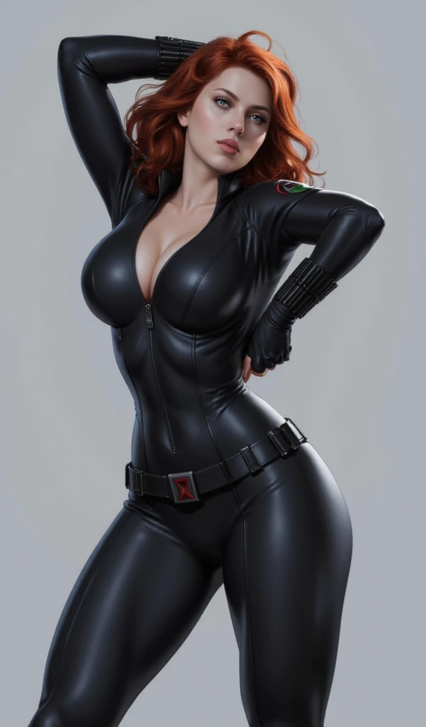 Stunning black widow, tight black suit, black widow suit, Iron Man 2 movie, red hair, artwork, 4K ,High resolution photo, waist shot, ((drooping chest, thin waist, thick thigh, wide hips , bulging ass)), perfect body proportion hourglass figure, ass for the camera, avenger's headquarters background, perfect lighting, realistic photo