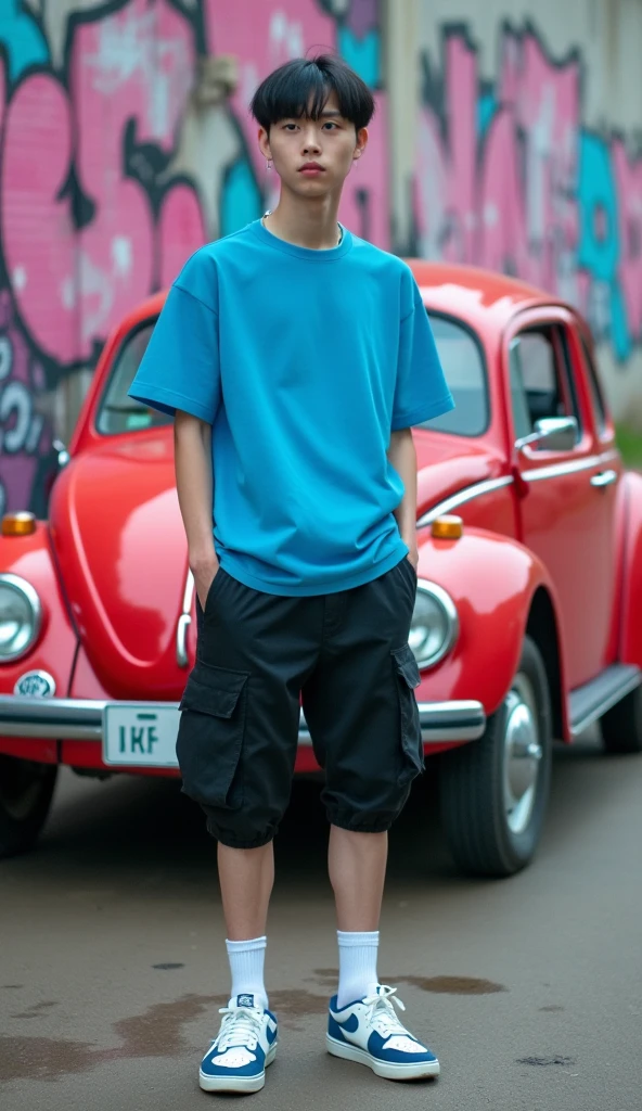 A boy which is sit in car door
