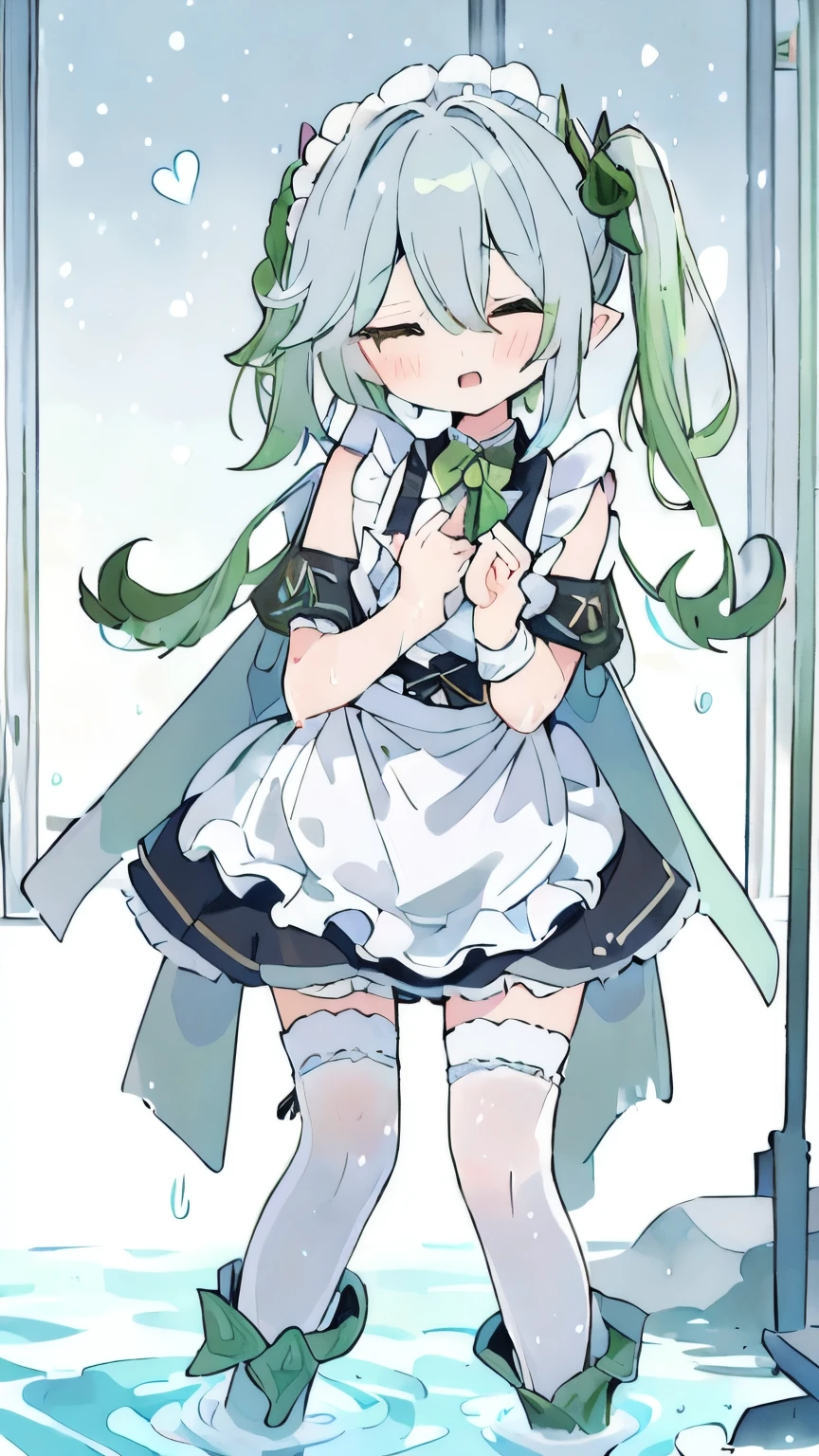   masterpiece ,   best quality ,  1 girl,   unique  , Nasuda_ genshin impact,   crossed eyes ,  maid outfit, Green cape,  Standing，  white over-the-knee stockings  ， I'm desperate when I'm wet