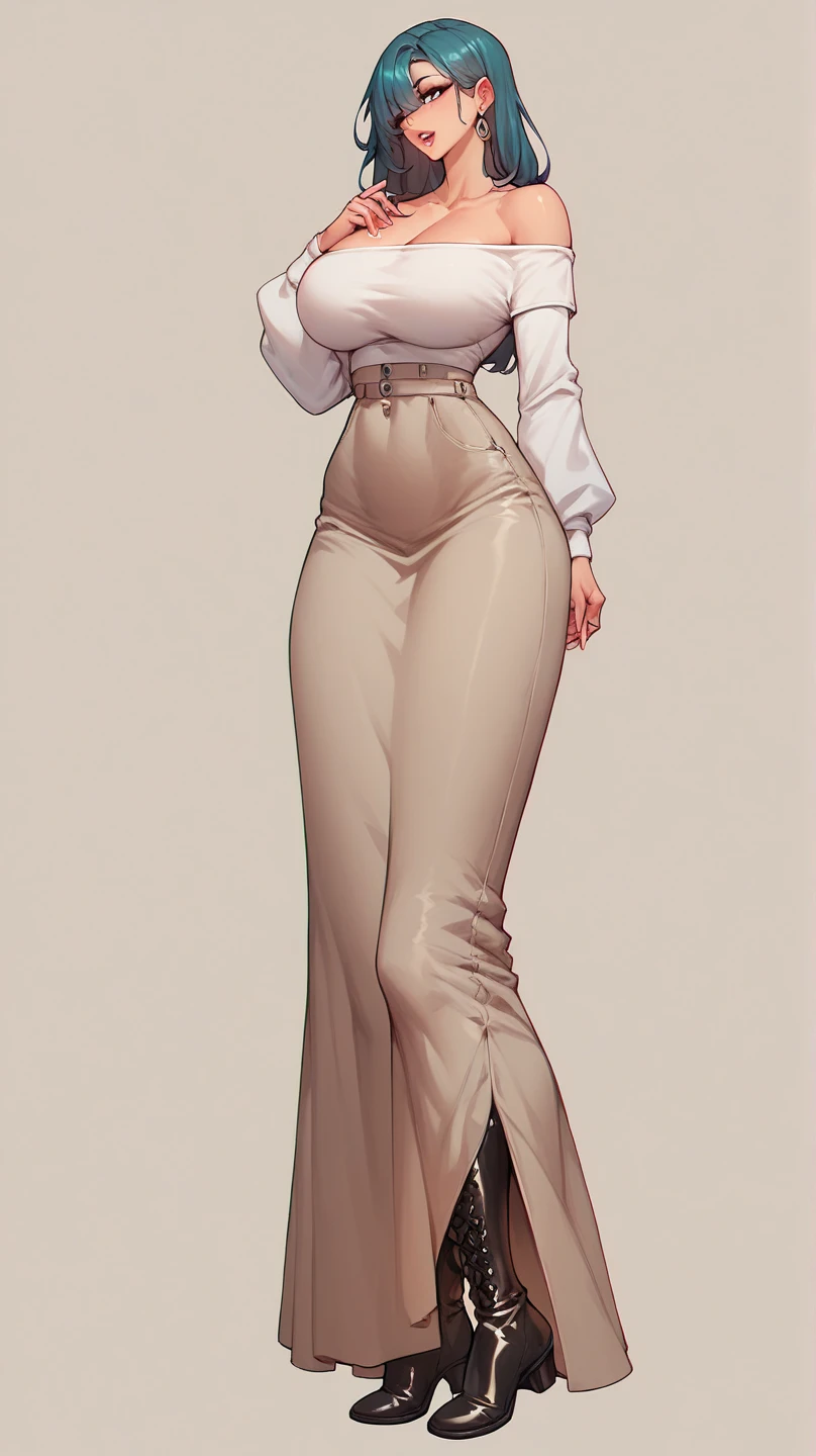 woman with a voluptuous body, fitted gray long dress with deep neckline, Long boots with a thick 20 cm sole, long skirt,  Off-the-shoulder shirt , Clothes made of latex material