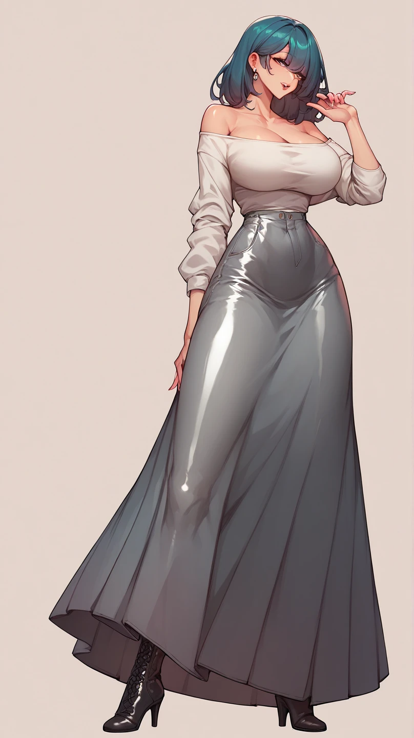 woman with a voluptuous body, fitted gray long dress with deep neckline, Long boots with a thick 20 cm sole, long skirt,  Off-the-shoulder shirt , Clothes made of latex material