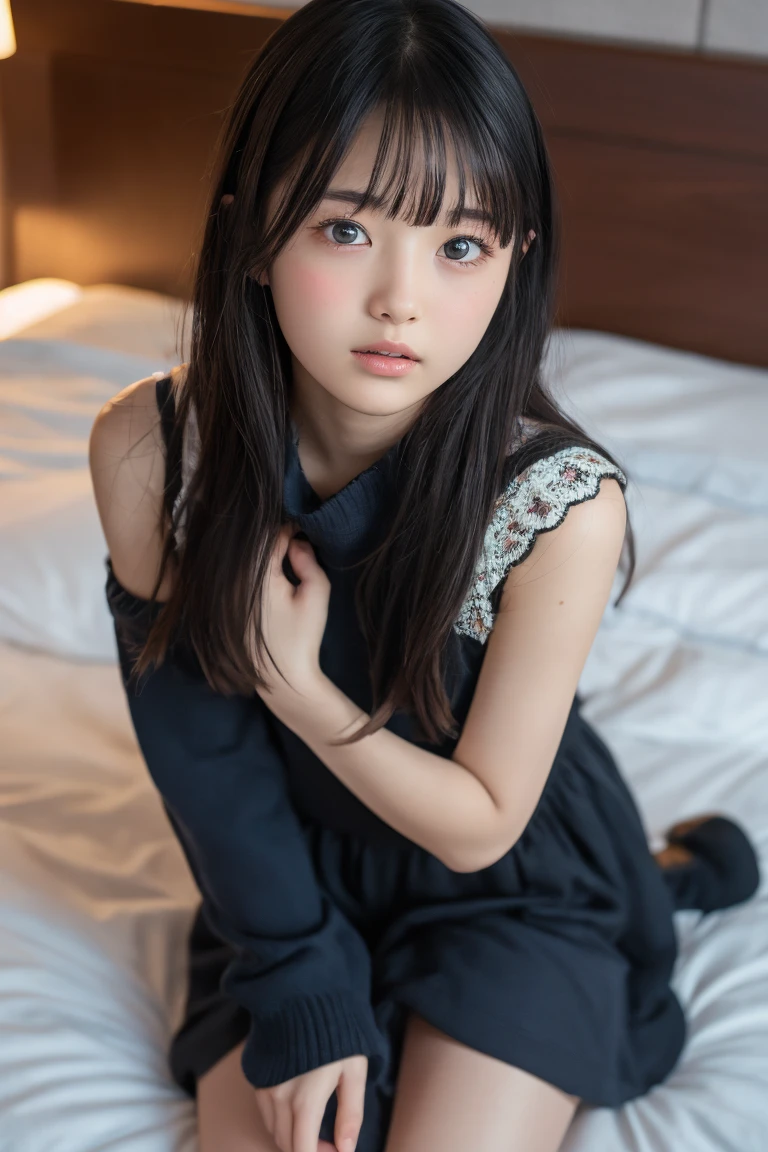 8k,Japanese,6 ,innocent face,teenage girl,cute,summer clothes,everyday wear,sitting,black hair,on the bed,coastline,hair clip,night view,starry sky