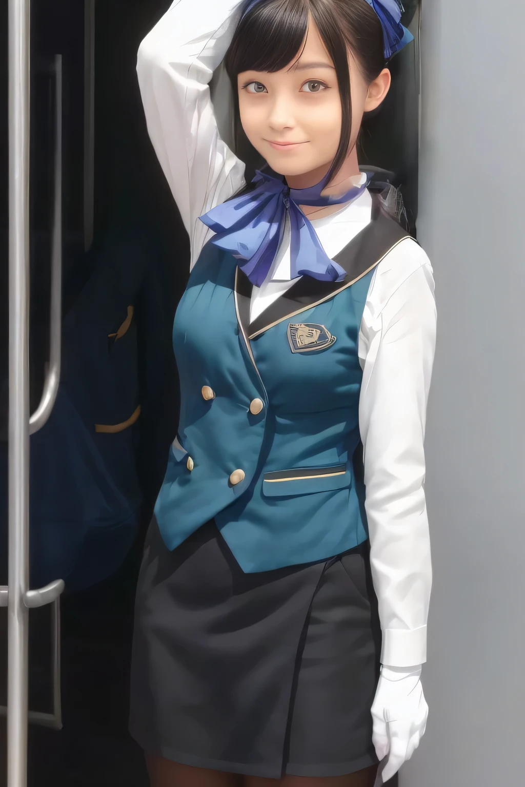 ( masterpiece :1.2, Top Quality:1.2), 32kHDR, Kampala , (alone、 1 girl)、(what 、 professional lighting )、In-flight background、(Nankai Train crew uniformを着たリアルなスタイル)、((Nankai Train crew uniformのグリーンのベスト))、((Nankai Train Crew Uniform Collarless White Long Sleeve Blouse )) 、((Nankai Train crew uniformの黒の巻きキュロットスカート 、 Put a scarf around your neck ))、 Has a lot of dark brown hair 、( Super Long Hair Wrap Hair、 Braid Summary Hair )、 Has a lot of dark brown hair 、 long hit 、Big Breasted 、Thin legs、(( Amazing hands :2.0)),(( Harmonious physique :1.5)),((Normal limb:2.0)),((Normal :2.0)),(( Delicate Eyes :2.0)),((Normal goal :2.0)))、smile、(Nankai Train crew uniformを着た美しい姿)、 with hands folded under the body