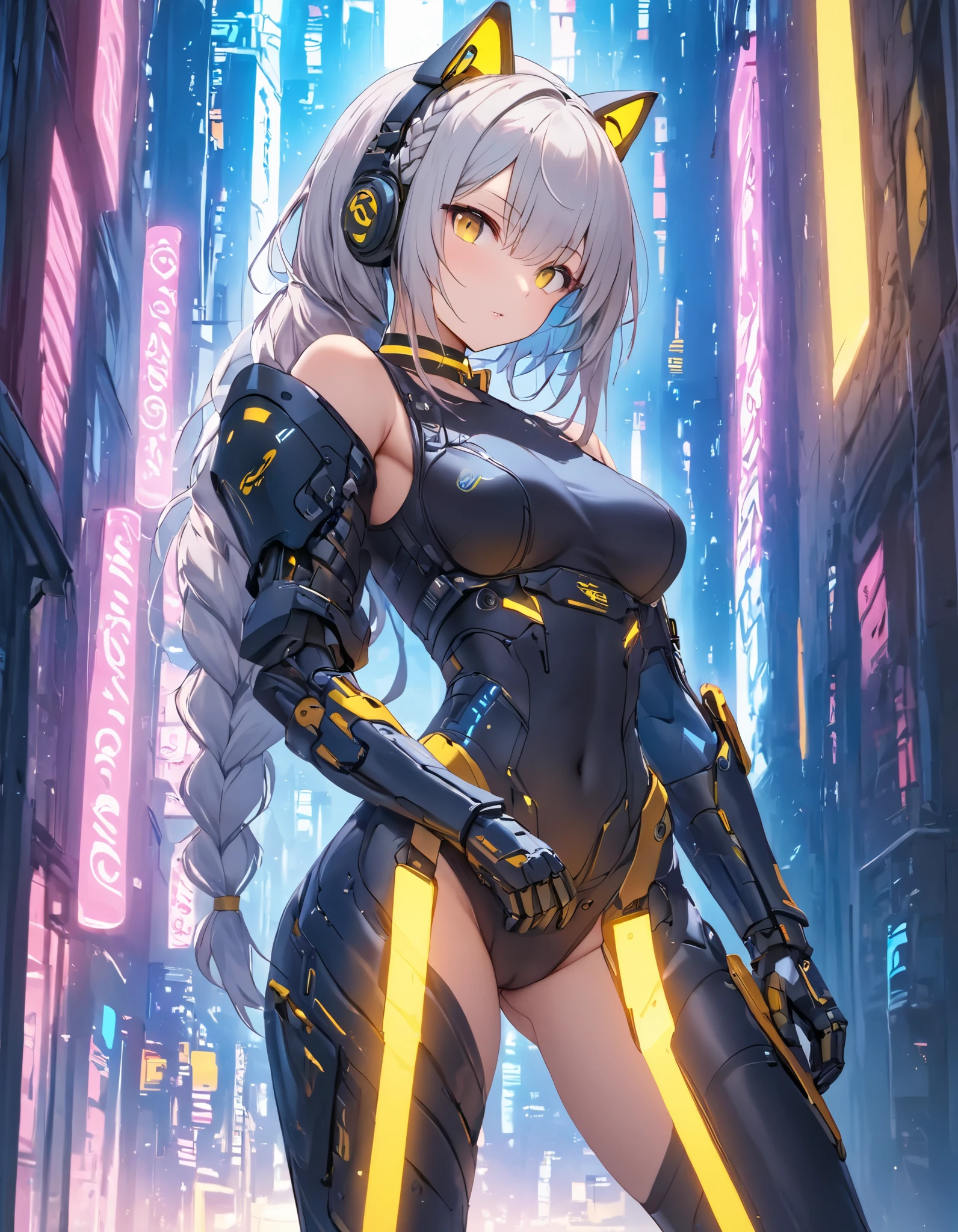 masterpiece, top quality , perfect face, Highest Resolution, 1 girl, young, slender body, grayish white hair color, long hair, One Side Braided Grated , Big cat eyes , upturned eyes, chrome yellow color eyes, cyberpunk, iron blue mechanical arm guards, iron blue mechanical leg guards, Black body armor, Expose Shoulder, Expose thighs, mechanical headset, Black Ribbon Choker, neon city
