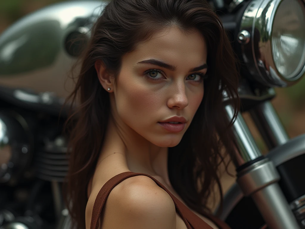 8K, masterpiece, RAW-Foto, best quality, photorealestic, extrem detailliertes CG Unity 8K-Hintergrundbild, depth of field, cinematic light, Lens reflection, Raytracing, (Extremely beautiful face, Beautiful lips, beautiful eyes), Face with intricate details ((ultra-detailed skin)), (Very thin, slim and muscular body: 1.3), Bikini Top, (black leather dungarees:1.2), Full body shots, Viewers look at, Background in a field, sfw:1.1