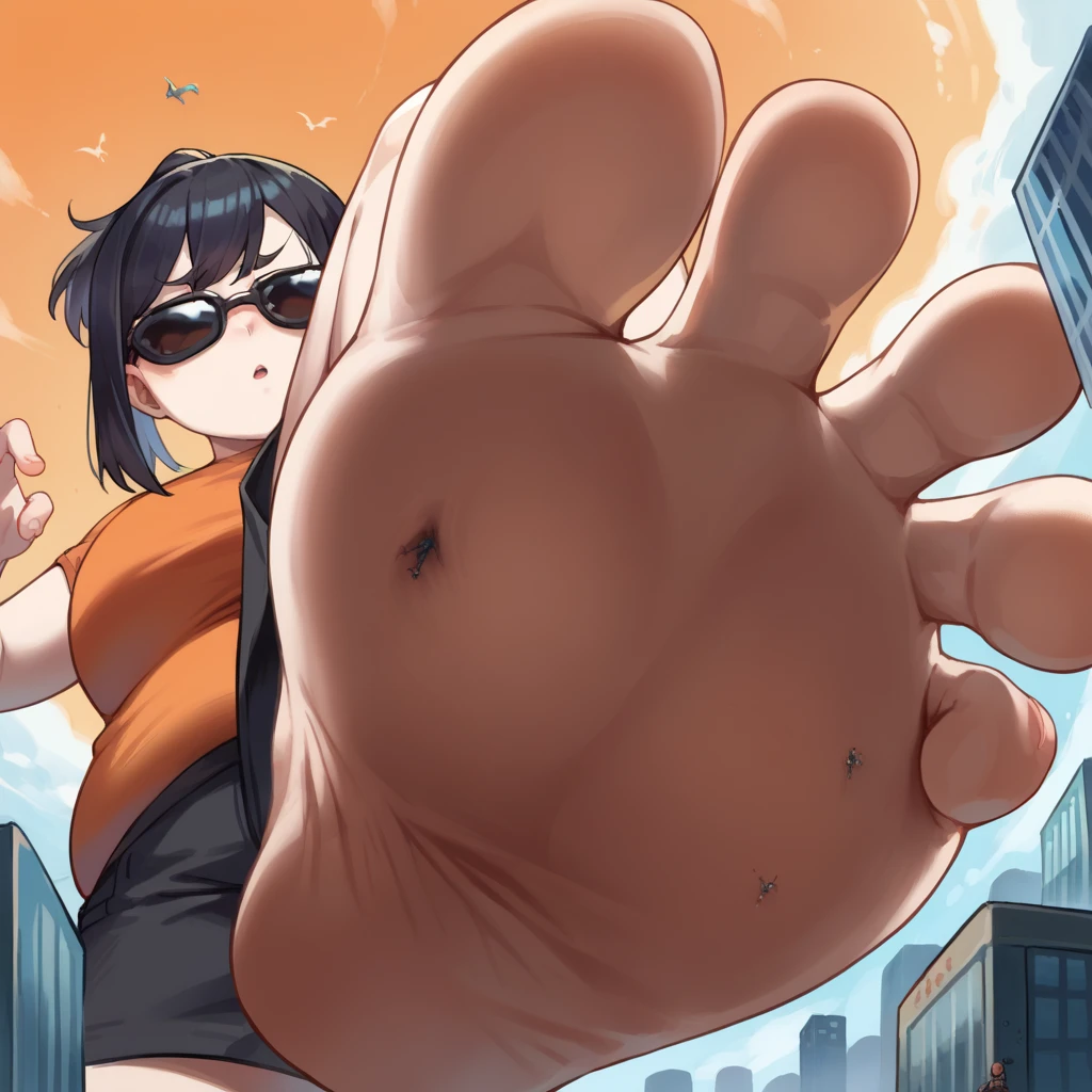 score_9, score_8_up, score_7_up, source_anime,  BREAK      pov: under giantess,Orange shirt, black shorts, black sunglasses,white Skin tone,Ponytail hair,Chubby,from below,stomp,city,soles,Black hair 