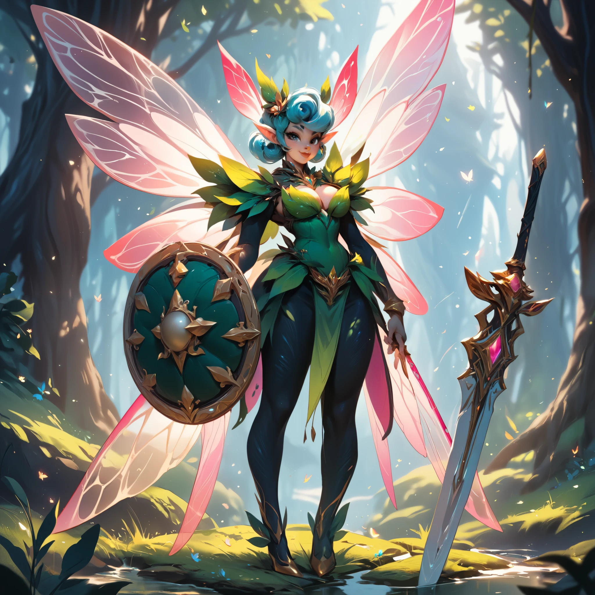 score_9, score_8_up, score_7_up, score_6_up, score_5_up, score_4_up, (beauitful fairy, colorful magical wings, holding glowing sword and shield:1.2), magical forest in background, concept art, digital art, realistic,