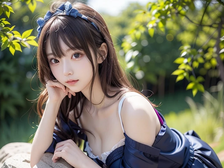 1 female、whole body、lower angle、brown hair、Long Hair、Well-groomed face、Thick lips、Iris、Blue dress、Beautiful breasts、slim、mini skirt、cherry blossoms、cherry blossoms吹雪、petal、Kyoto、masterpiece、Ultra-high resolution、delicate、Perfect lighting、sunlight、16k