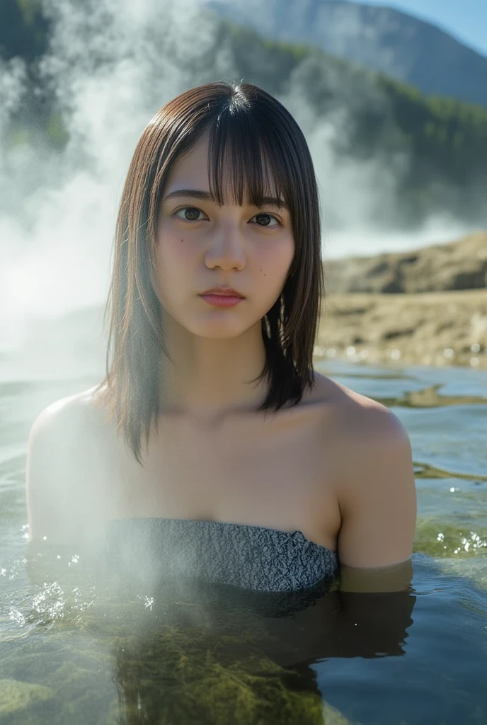 a beautiful woman with black hair was bathing in a clear river. wearing a towel. his body and hair were wet.