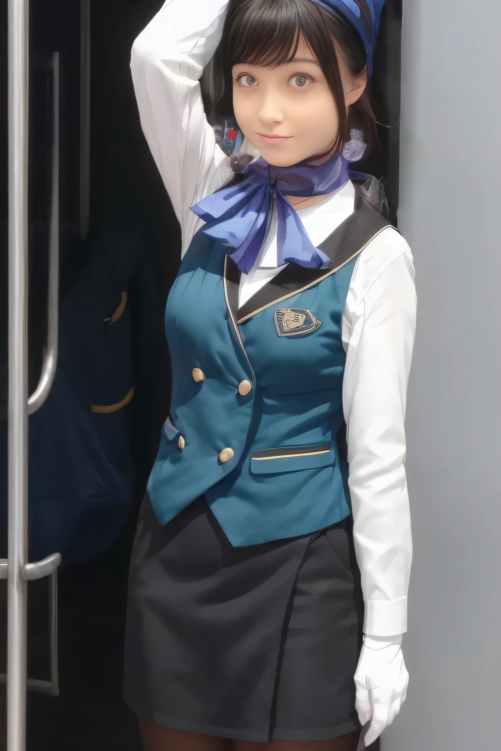 ( masterpiece :1.2, Top Quality:1.2), 32kHDR, Kampala , (alone、 1 girl)、(what 、 professional lighting )、In-flight background、(Nankai Train crew uniformを着たリアルなスタイル)、((Nankai Train crew uniformのグリーンのベスト))、((Nankai Train Crew Uniform Collarless White Long Sleeve Blouse )) 、((Nankai Train crew uniformの黒の巻きキュロットスカート 、 Put a scarf around your neck ))、 Has a lot of dark brown hair 、( Super Long Hair Wrap Hair、 Braid Summary Hair )、 Has a lot of dark brown hair 、 long hit 、Big Breasted 、Thin legs、(( Amazing hands :2.0)),(( Harmonious physique :1.5)),((Normal limb:2.0)),((Normal :2.0)),(( Delicate Eyes :2.0)),((Normal goal :2.0)))、smile、(Nankai Train crew uniformを着た美しい姿)、 with hands folded under the body