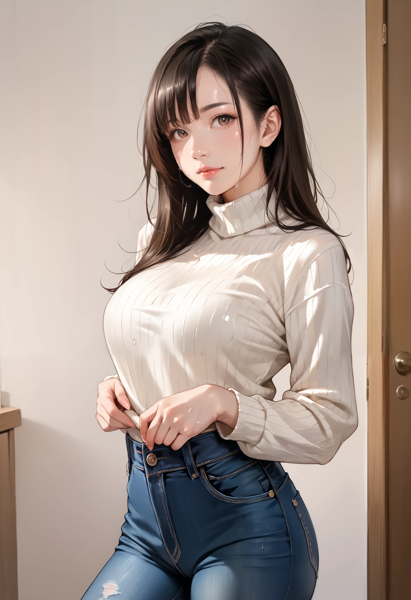 20 year old girl (White Turtleneck Blouse、The belly hides), (Tight denim mini skirt), Medium chest, Puffy nipple、bending forward、Sexy buttocks、Butt sticking out、high-heels、Put your hands on your buttocks、Random cityscape, Shy smile, Kamimei、Brown-eyed、Wavy long hair、dark brown hair、 (Perfectly detailed face), (Well detailed hands) Photorealistic images、Beautiful necklace、耳Nipple Ring
