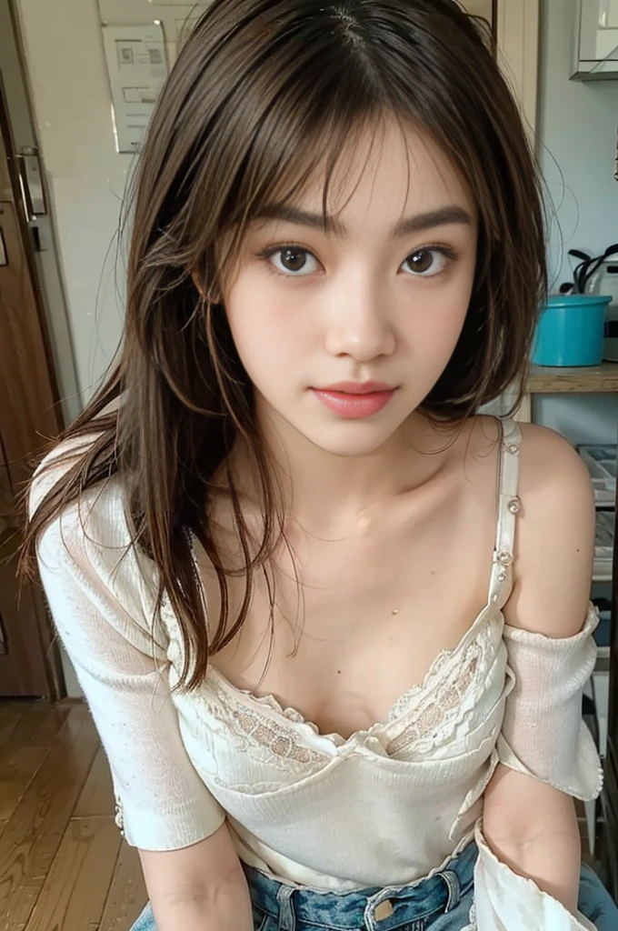 ( Top Quality 、8k、32K、masterpiece)、Chest、 alley take off your blouse 、 focus on my face 、(( realistic skin types ))、( lean forward :1.3)、( oversized blouse 、 loose blouse 、 close-up portrait :1.2)、(Detailed Bra)、 Japanese 、18 years old、lips, very cute girl is sinking、 beautiful girl 、 squat、 bright smile、 living room 、 bright room、 to restore color to my face 、 long blond strait hair、 upper body close-up、Shooting from front above, 