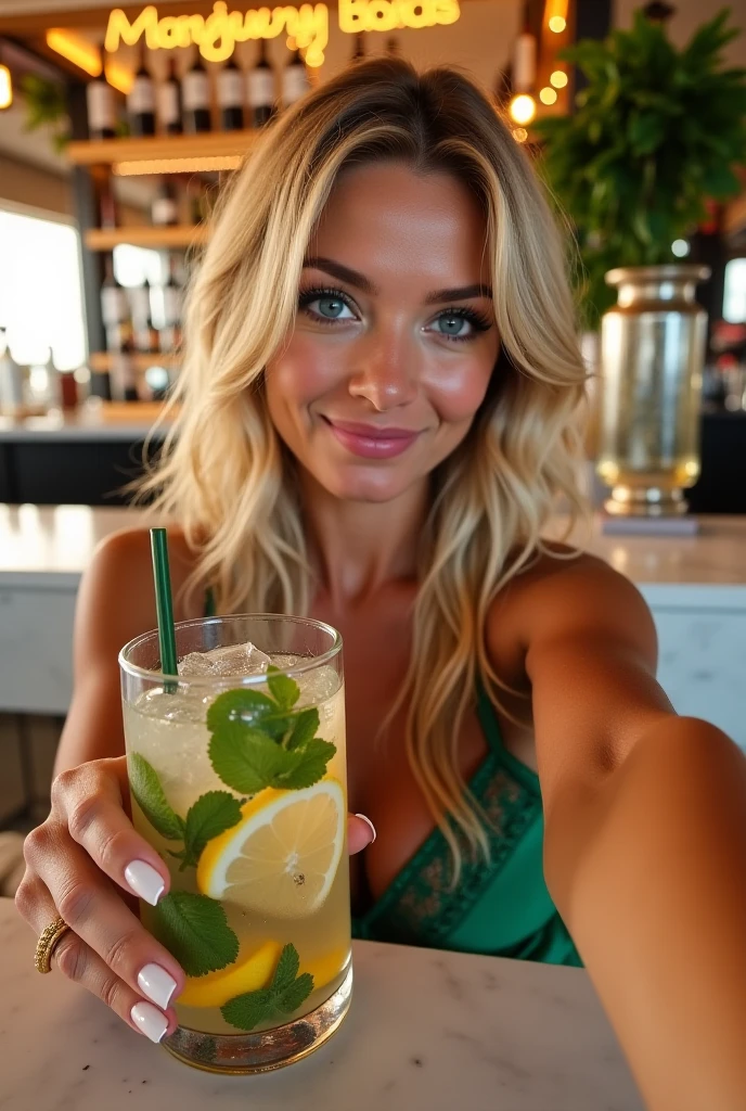 soirée fête et cocktails avec une fille cheveux blond long, yeux verts