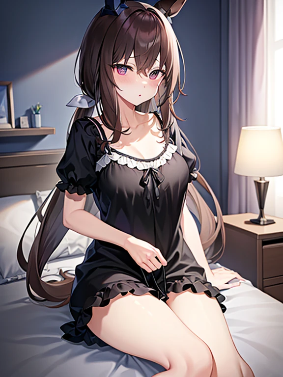 masterpiece, Highest quality, High resolution, Very detailed,(((Osaki Tenka))), (((White Lingerie))), (((smile))), Dark Room, lanthanum
