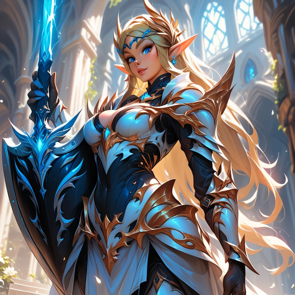 score_9, score_8_up, score_7_up, score_6_up, score_5_up, score_4_up, (beautiful elf with long blonde hair, blue eyes, wearing white armor, holding blue glowing sword and shield:1.2), dungeon in background, vibrant, concept art, digital art, realistic,
