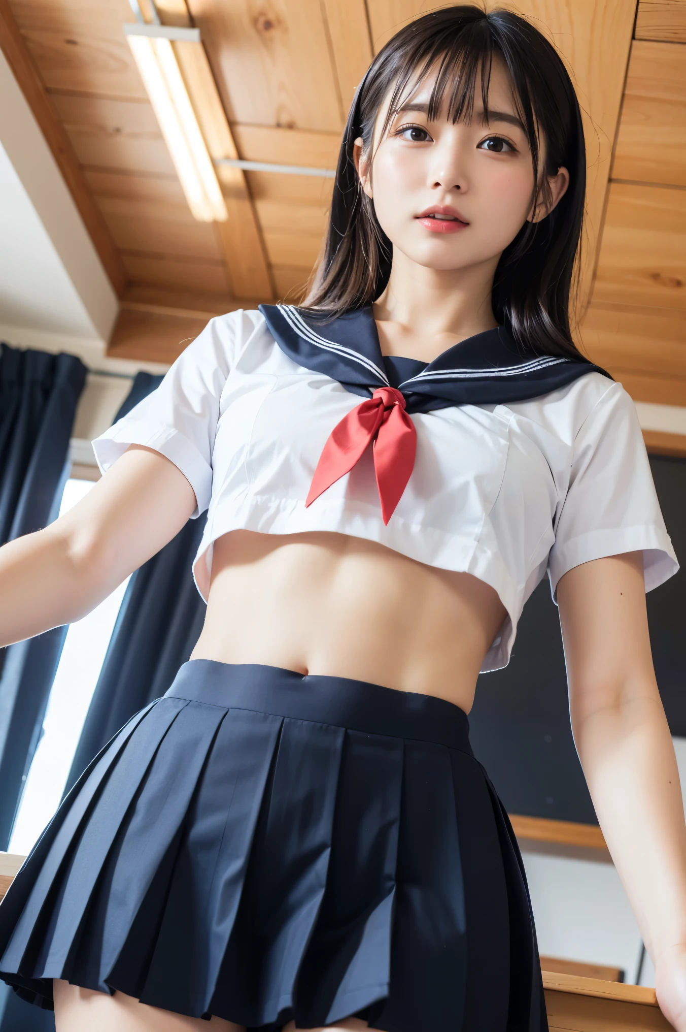 (best quality, 8k, 32k, masterpiece, UHD:1.2), (RAW photo), (realistic), (photorealistic:1.2), (high resolution), huge filesize, ultra-detailed, α7S III, serafuku, japanese school, dark blue pleated skirt, skirt lift, white panties,