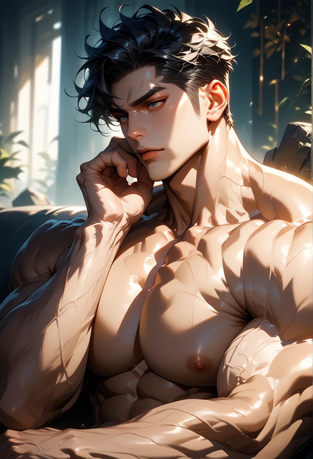 ((Masterpiece, Highest quality)), Detailed face, dramatic lighting, dark colors and atmosphere, full body, Full of details, frontal body view, back body view, Highly detailed, Depth, Many parts, Muscle boy with short black hair,handsome man, mercenary, man tall, pectoral muscles, abs, seductively laying down, beckoning