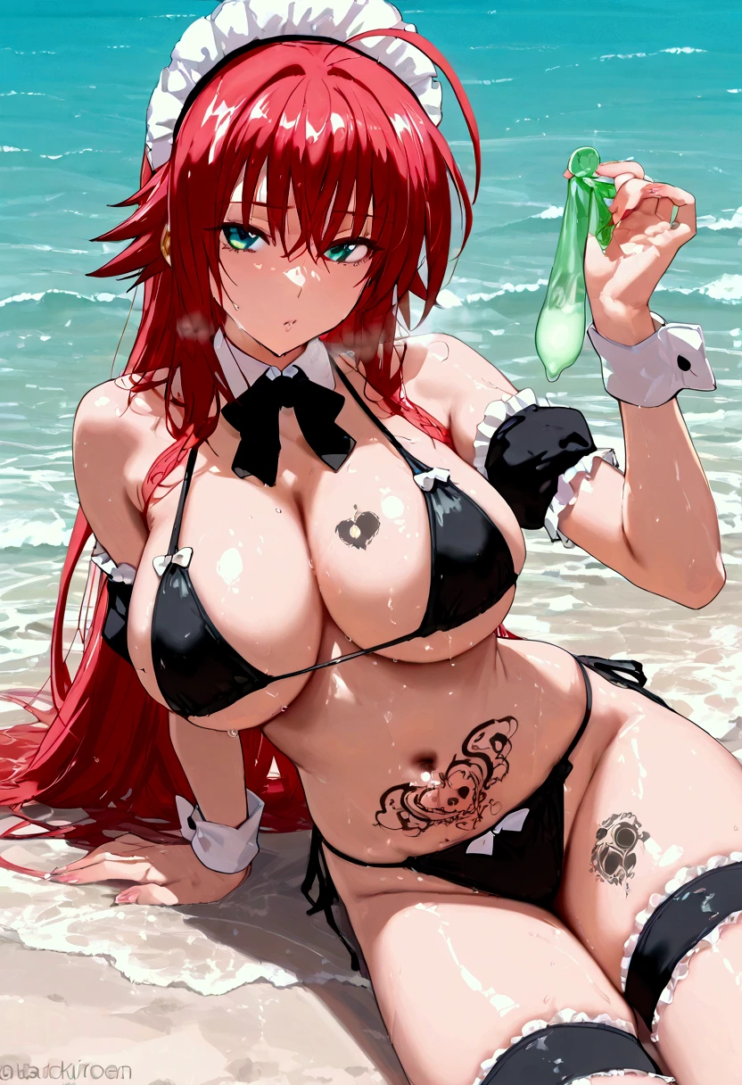 Mamimi style, rias gremory, huge ahoge, long hair, hair between eyes, green eyes, red hair, voluptuous, beach, erection of the nipple, looking at the viewer, seductive, maid bikini, black bikini, maid headdress, detached collar, thigh highs, frills, ribbon, arm garter, leg garter, wrist cuffs, bbc tattoos, blacked tattoos, used condom, body writing, solo, large breasts