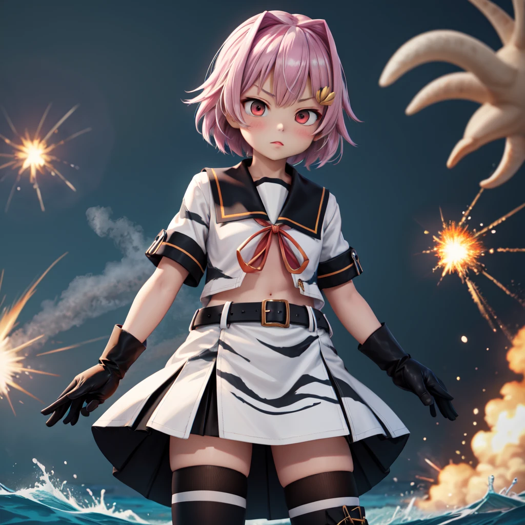 masterpiece, best quality, highres, aatama, short hair, hair ornament, black sailor collar, sailor shirt, animal print, short sleeves, black gloves, belt, black skirt, black thighhighs, standing, serious, war, explosion, cowboy shot, ocean