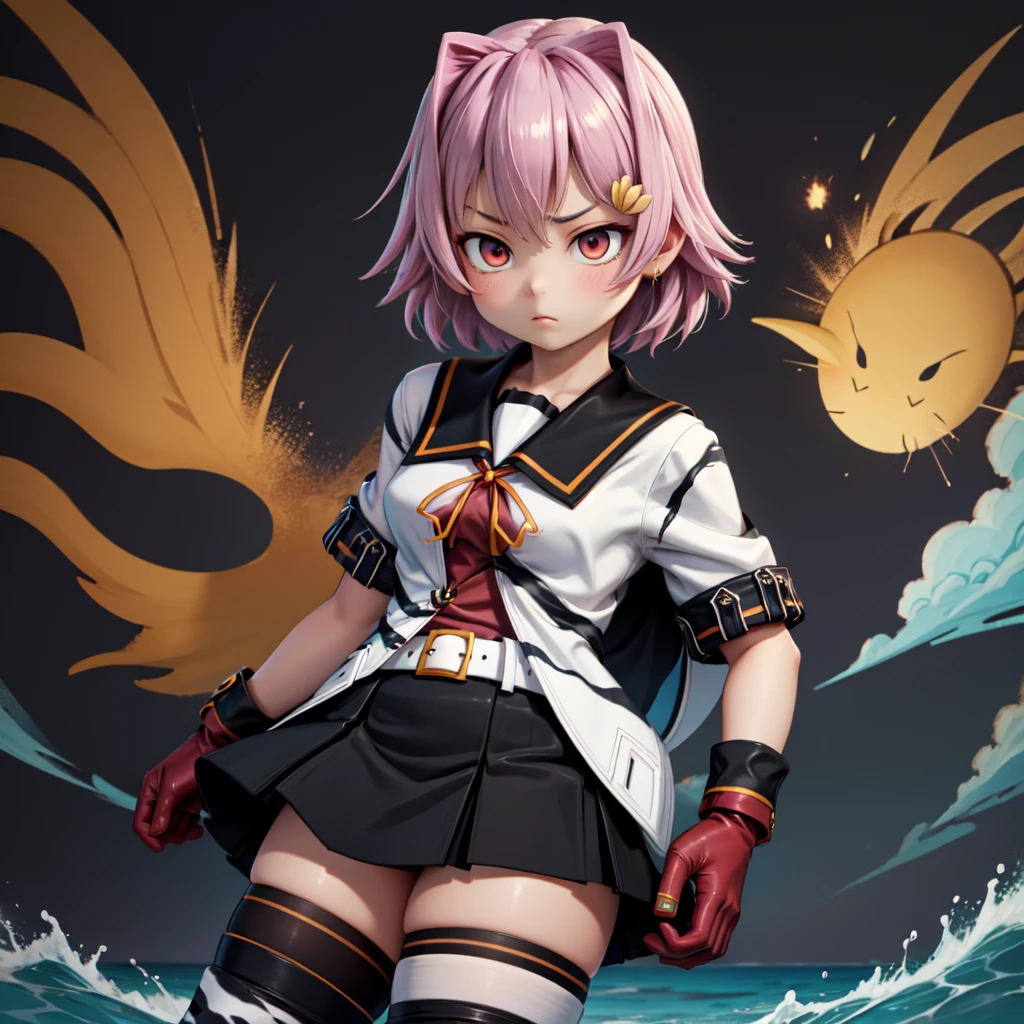 masterpiece, best quality, highres, aatama, short hair, hair ornament, black sailor collar, sailor shirt, animal print, short sleeves, black gloves, belt, black skirt, black thighhighs, standing, serious, war, explosion, cowboy shot, ocean