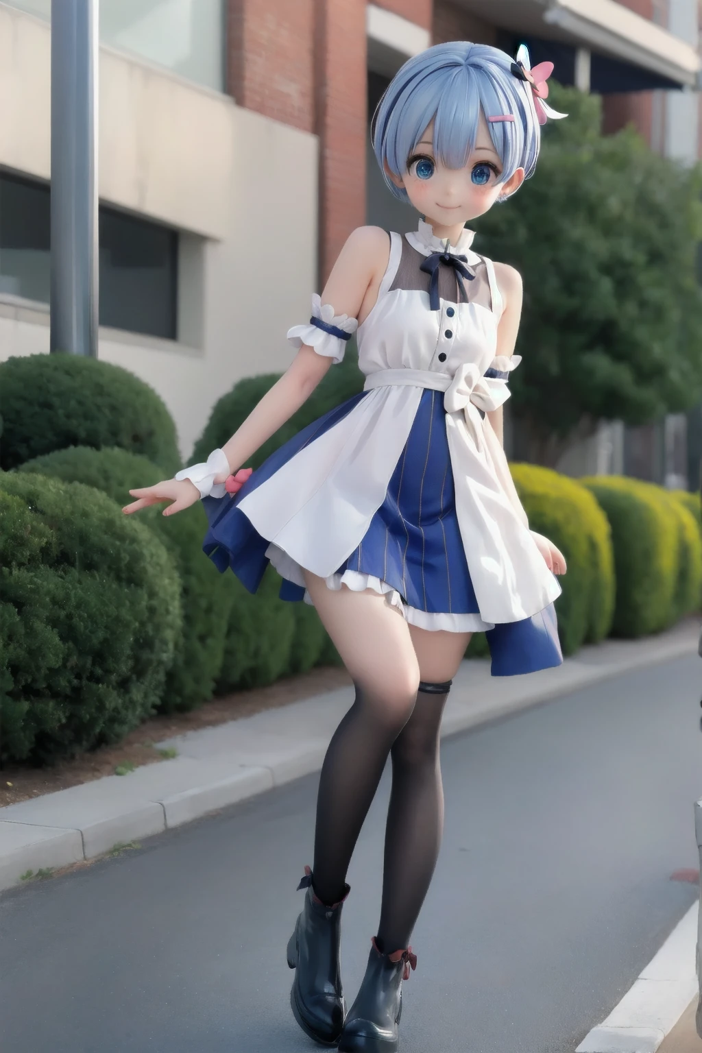 Photorealistic、Chibi Girl Doll（Street、Rem's Cosplay of Rezero、whole body、smile）