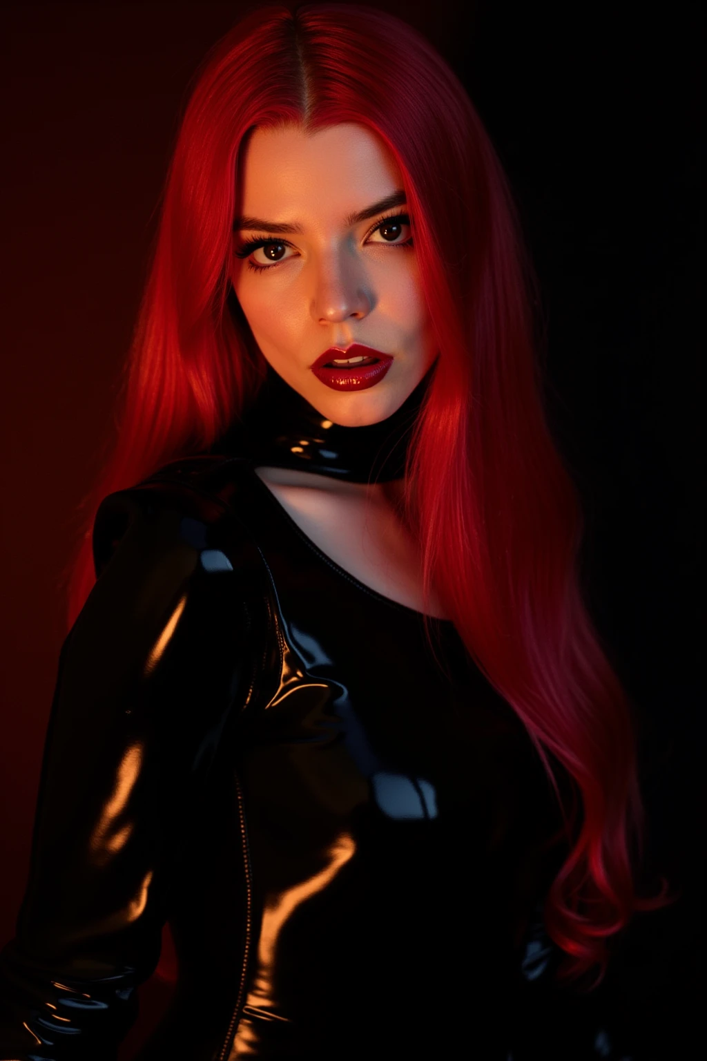 Beautiful woman dressed in latex leotard posing for a photo in red room, red neon lights, darksynth aesthetic, gothic fashion, goth girl, goth aesthetic, goth make-up, ultra detailed.