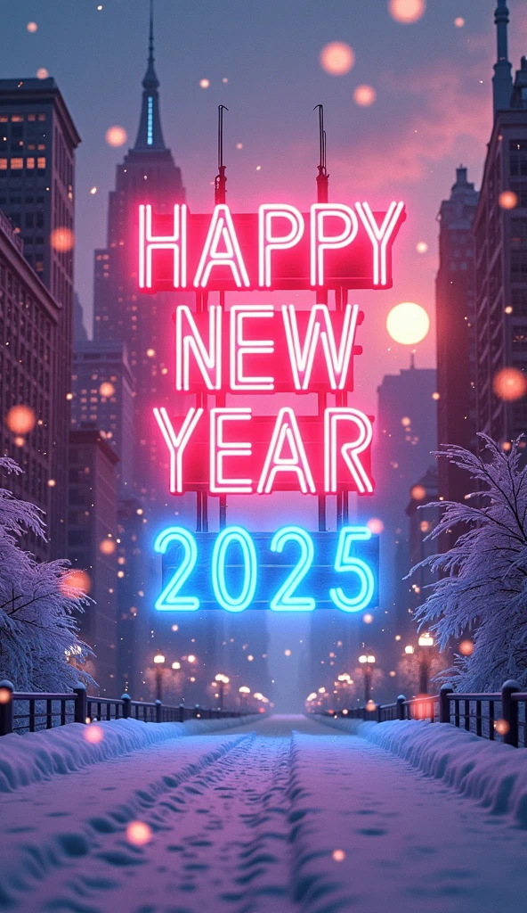  bright blizzard theme, a hapy new year 2025, Letter made with neon lights , new york, rising sun