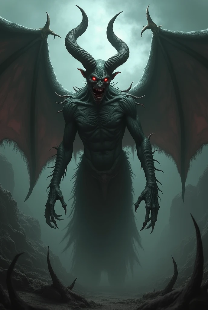 𝑴𝑶𝑵𝑫𝑶𝑼, a ferocious ghost who likes to eat people.  𝑴𝑶𝑵𝑫𝑶𝑼 is like a bat, but twice the size of a human, with long horns and sharp fangs