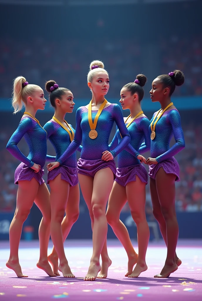 expensivequality illustration, masterpiece, Very delicate and beautiful, Attractive girl,(Gymnastics leotard,Tight leotard,length_Leotard with sleeves,expensive_Leg leotard,athletic leotard),Purple ears,Short here, Audience reaction,thin,Slender body,slim,expensive school,Gym,Gymnastics Club,2 girls,