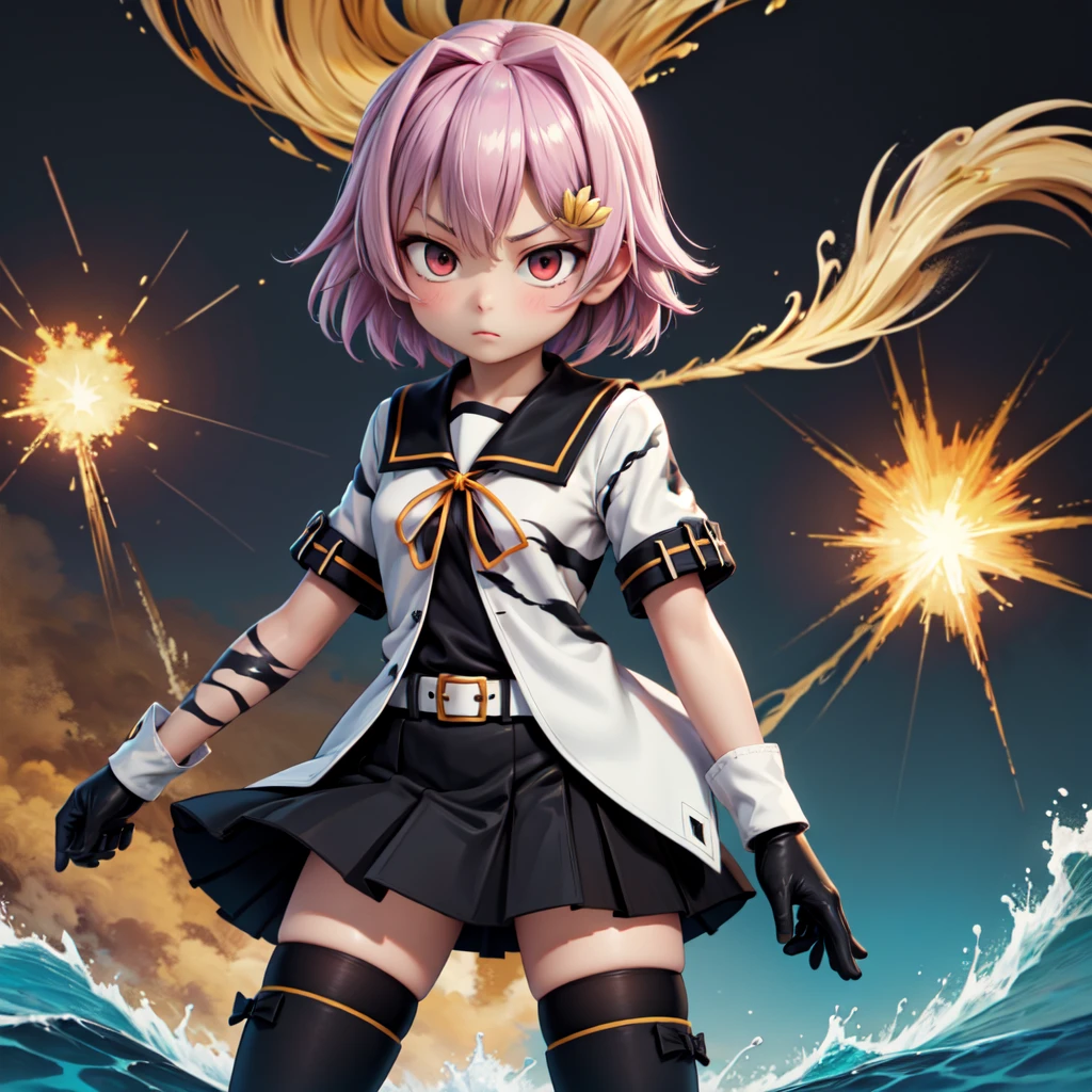 masterpiece, best quality, highres, aatama, short hair, hair ornament, black sailor collar, sailor shirt, animal print, short sleeves, black gloves, belt, black skirt, black thighhighs, standing, serious, war, explosion, cowboy shot, ocean