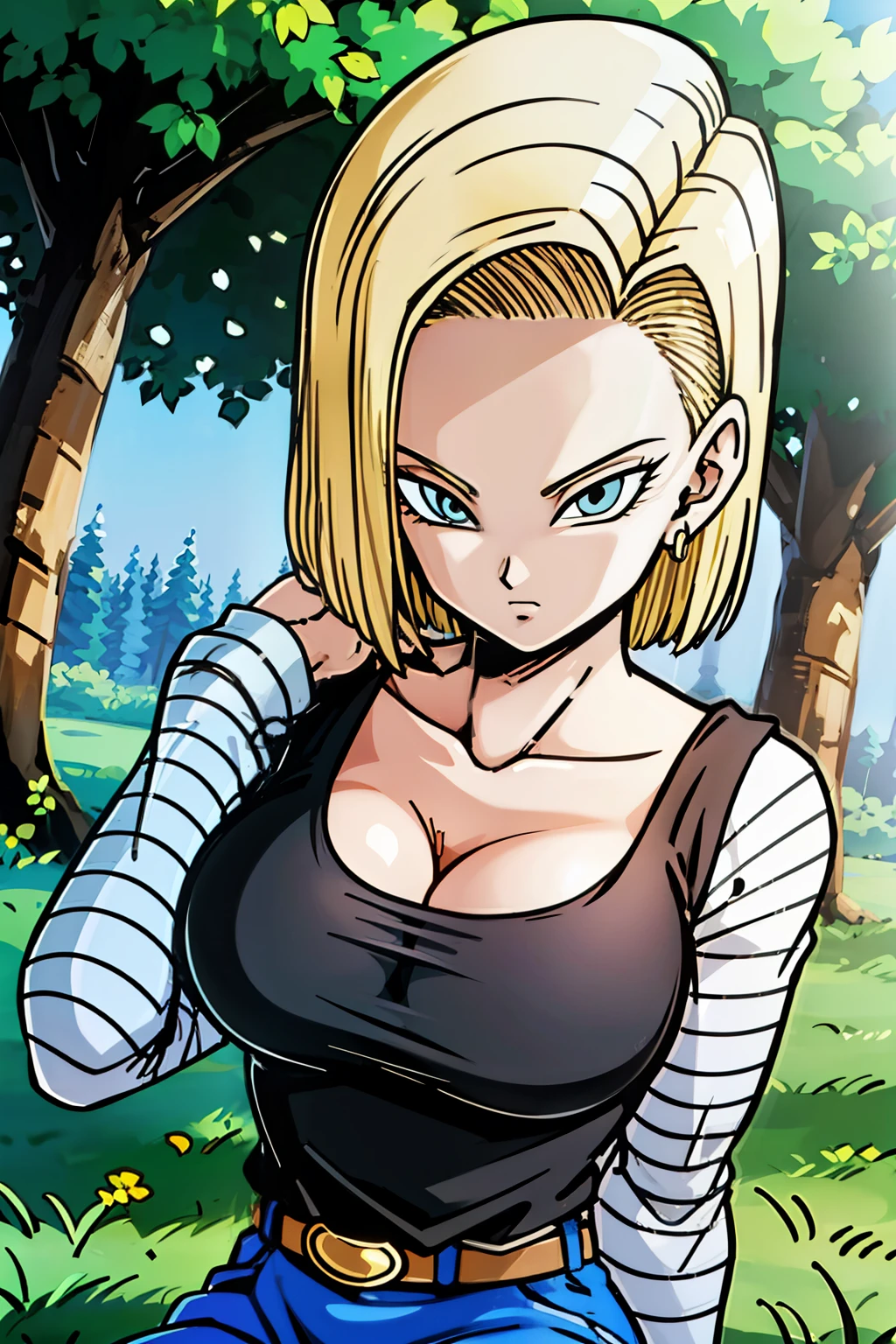   masterpiece, detailed face, 
Android 18, Buu-Saga ,  1 girl, Alone,  looks at the observer ,     short hair,  blue eyes, blonde hair,  collarbone , touching chest,
Field, trees,((large :1.2)),cleavage, Forest,  upper body, lying on Field,  black shirt , striped sleeves , belt,  denim skirt ,  black pantyhose , brown boots