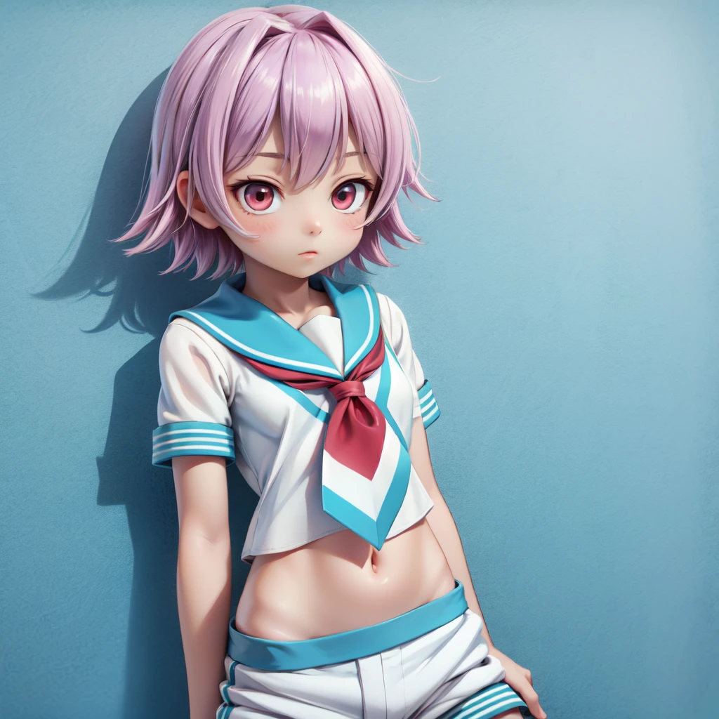 aatama, short hair, blue sailor collar, red neckerchief, white shirt, short sleeves, navel, white shorts