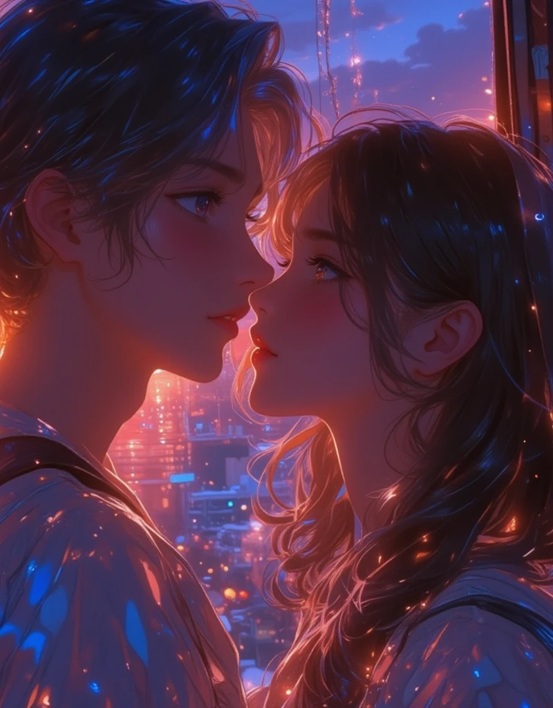 A kiss through the train window, a dazzling sunset, at dusk.

Like a kiss through glass, so close yet so far.

I love you so much it's frustrating. 
soft color, 1980s anime style ,
invert color