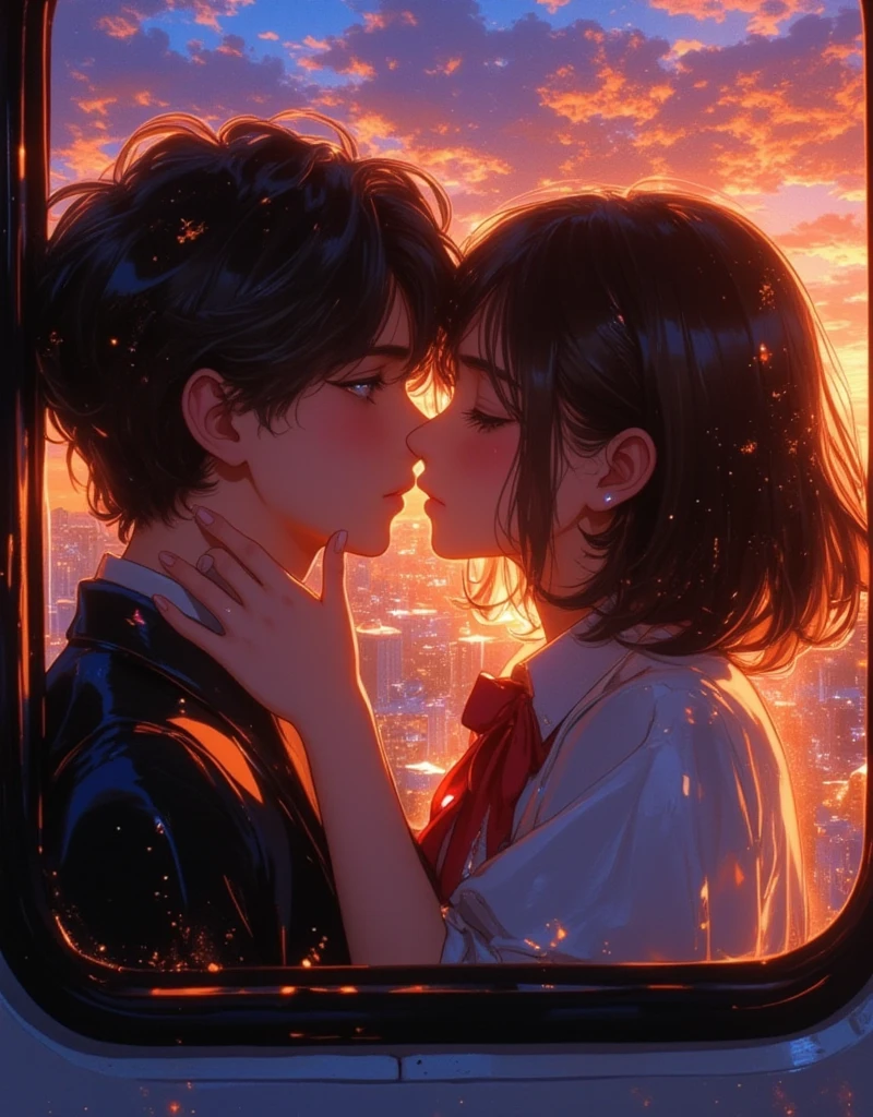 A kiss through the train window, a dazzling sunset, at dusk.

Like a kiss through glass, so close yet so far.

I love you so much it's frustrating. 
soft color, 1980s anime style ,
invert color