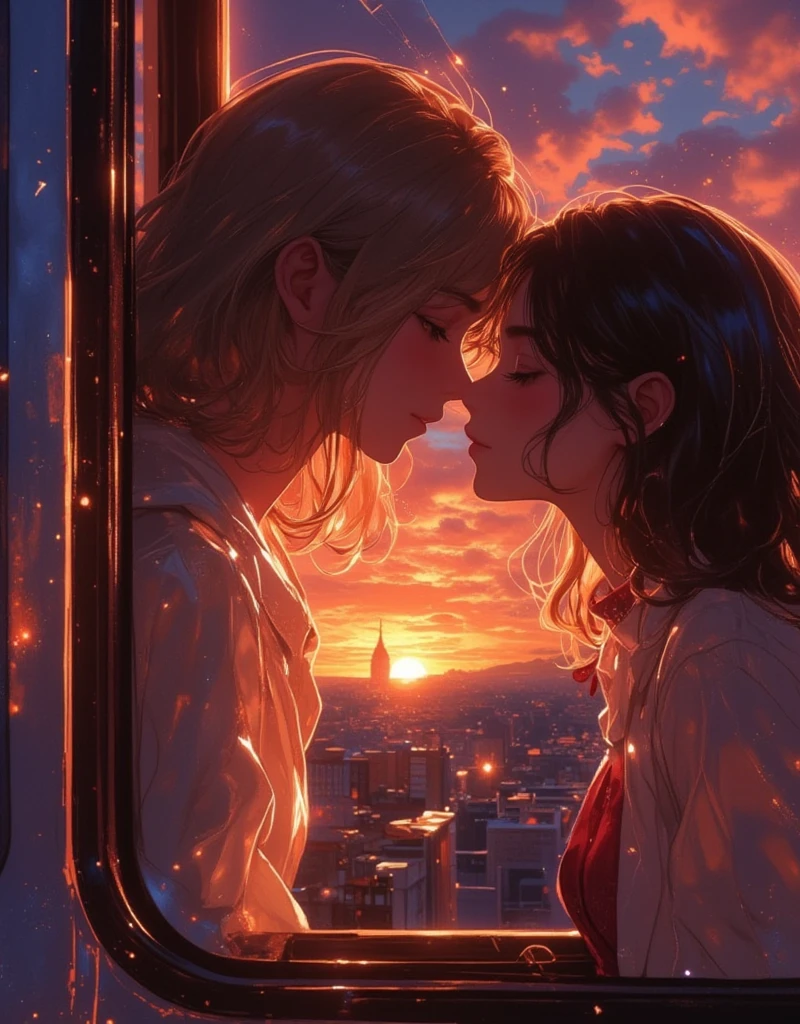 A kiss through the train window, a dazzling sunset, at dusk.

Like a kiss through glass, so close yet so far.

I love you so much it's frustrating. 
soft color, 1980s anime style ,
invert color