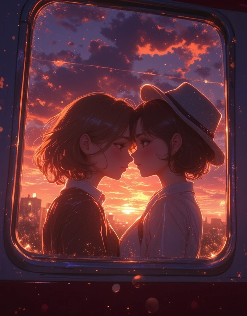 A kiss through the train window, a dazzling sunset, at dusk.

Like a kiss through glass, so close yet so far.

I love you so much it's frustrating. 
soft color, 1980s anime style ,
invert color