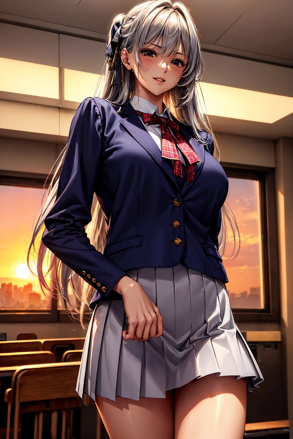 ((( top quality)))、((('s greatest masterpiece)))、Beauty Painting、 8k 、 Ultra High Quality、 perfect anatomy, 1 Female:Age 18、  BEAUTIFUL SLANDER BODY、 beautiful medium breasts、  beautiful faces:smile、 Silver Hair、 best skin and hair texture  、blouse、ribbon、 blazer、 plaid pleated skirt 、 high school uniform 、 high school girl、Standing posture、(A school classroom with a beautiful sunset)、  natural light,  High Res Images、 Overall view of the body 、