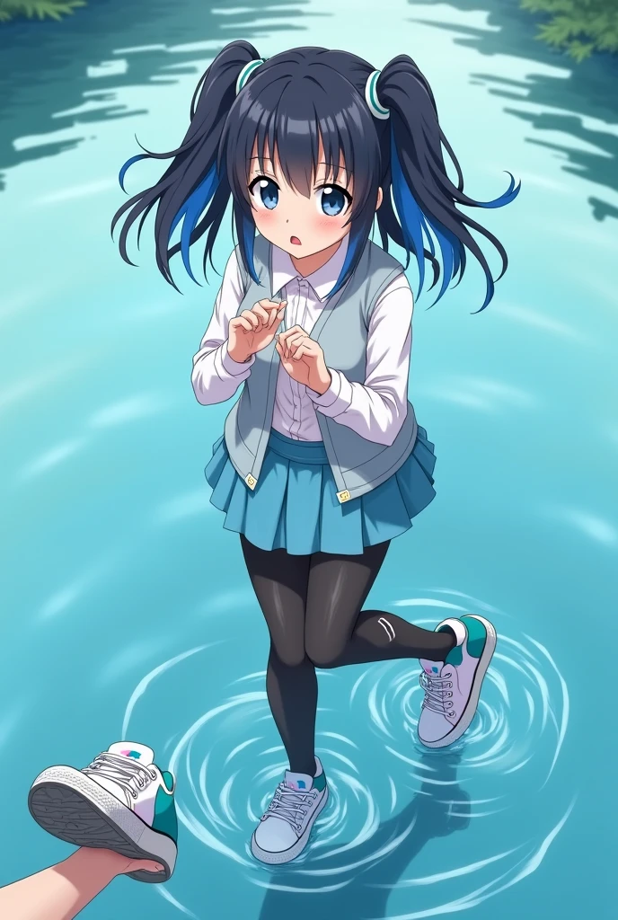 daytime, sunlight, solo, 8K resolution, blue hair, blue eyes, glowing eyes, white short skirt, pleated skirt, Blush, Hoshino AI wardrobe, sleeveless shirt, sunlight, Wet from the rain, seethrough, Sit with 2 knees up, pussy, smile, the skirt is lifted up, highest quality, High resolution, highly detailed face, perfect lighting, (perfect hands, perfect anatomy), mini yaemori, perfect figure, in love expression, armpit, view from below,