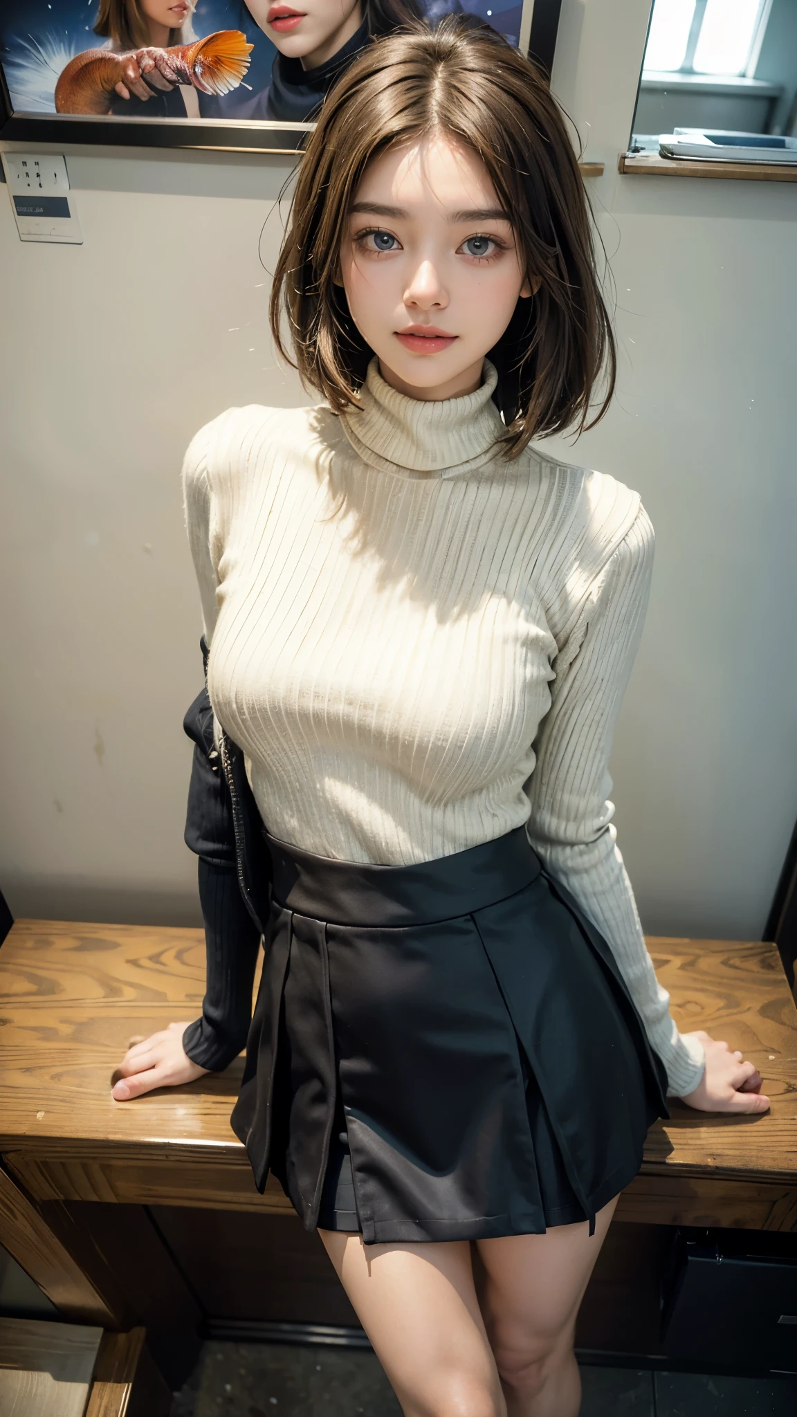 ((((jumpping)Look away and peek masterpiece, ((Luminous Eyes)), top-quality, detailed Underwear pattern, ultra-detailliert, (extremely delicate and beautiful work), ((masuter piece)), (Best Quality) ,, (Spread legs) ,(((wearing wool sweater and pleated skirt)),short wavy hair,ponytail,lying down on the table 、spreads her legs,focus on her thighs, Front of view,in cafe,,sexual position missionary,showing panties