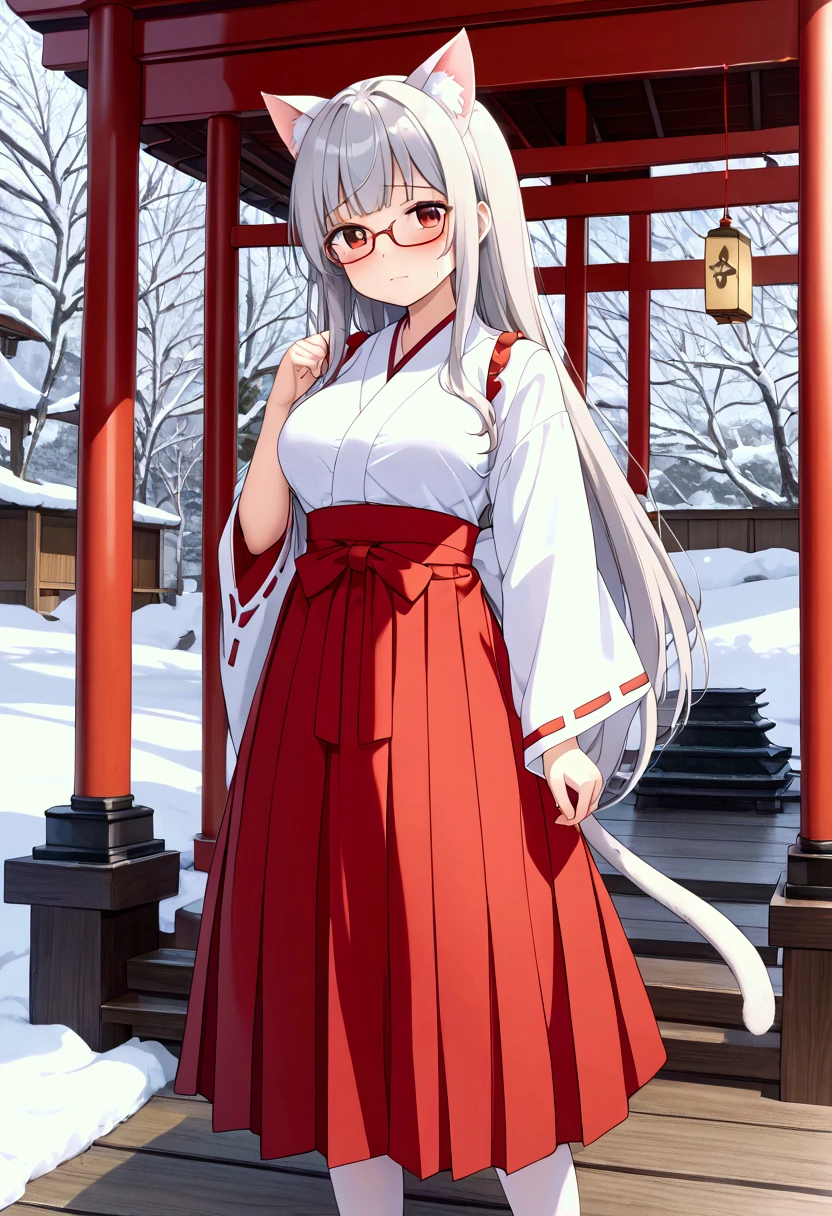 Lori、、Petite、Big Breasts、 princess cut、 long hair、Gray Hair、 red eyes、Cat ears、Cat tail、Shrine maiden、Shrine maiden服、 White Kimono 、(White Knee Highs:1.3)、 apron dress、White brim、 hakama short skirt、Glasses,Japanese maid、 miko,red hakama、( hakama short skirt:1.1)、Crying face、 BREAK masterpiece、 beautiful attention to detail:1.2,  perfect lighting, (  PERFECT HAND,  perfect anatomy:1.1)、shrine、snow