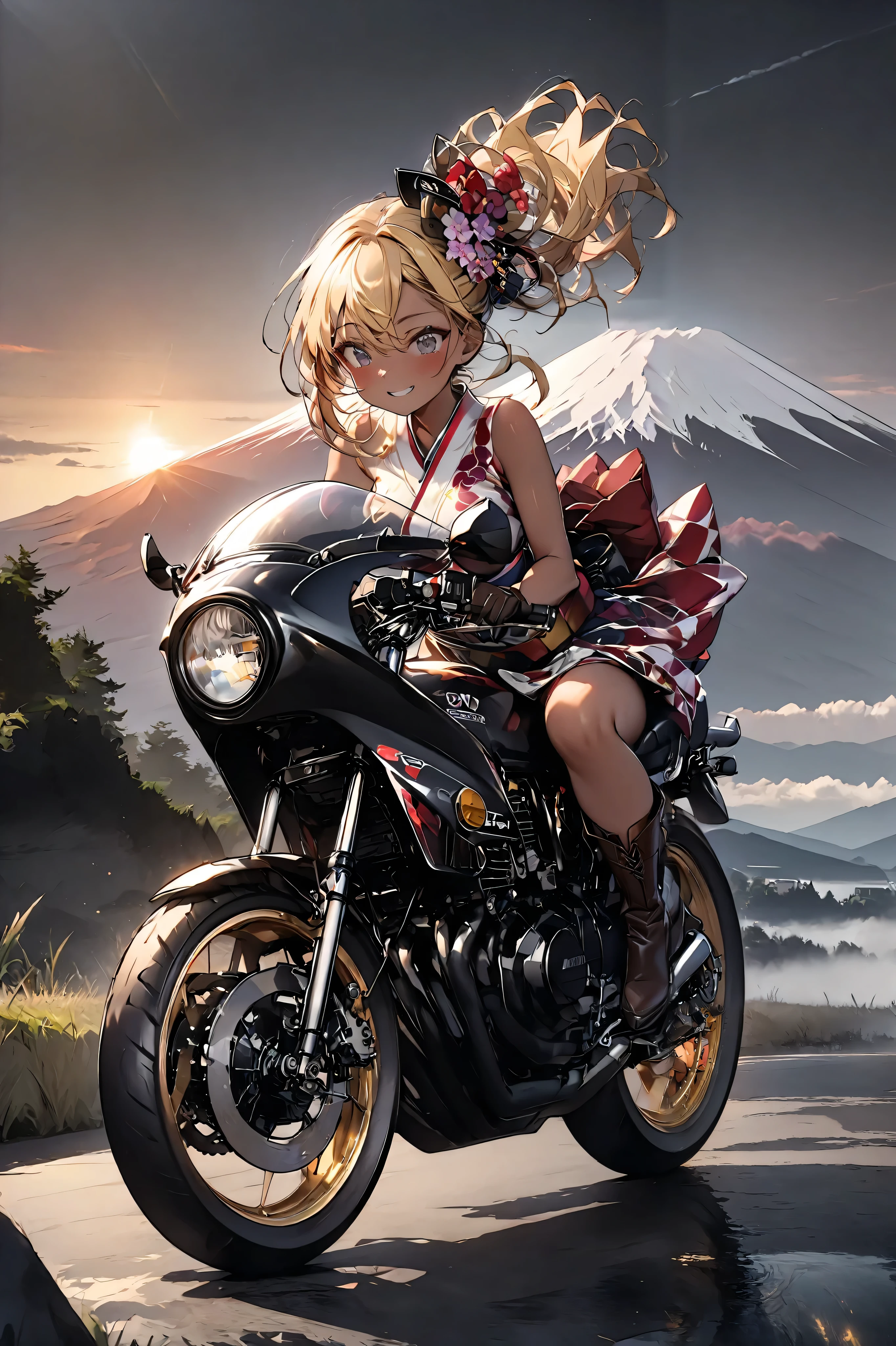 1  girl rides a motorcycle tuned to Honda CBX400F cafe racer specifications、 Japanese Kimono、Sunrise from Mt. Fuji 、Glossy tanned skin,  top quality ,  leather gloves , perfect face、Yellow Hair、 Japanese bad girl、 brown long boots 、 anatomically correct, 