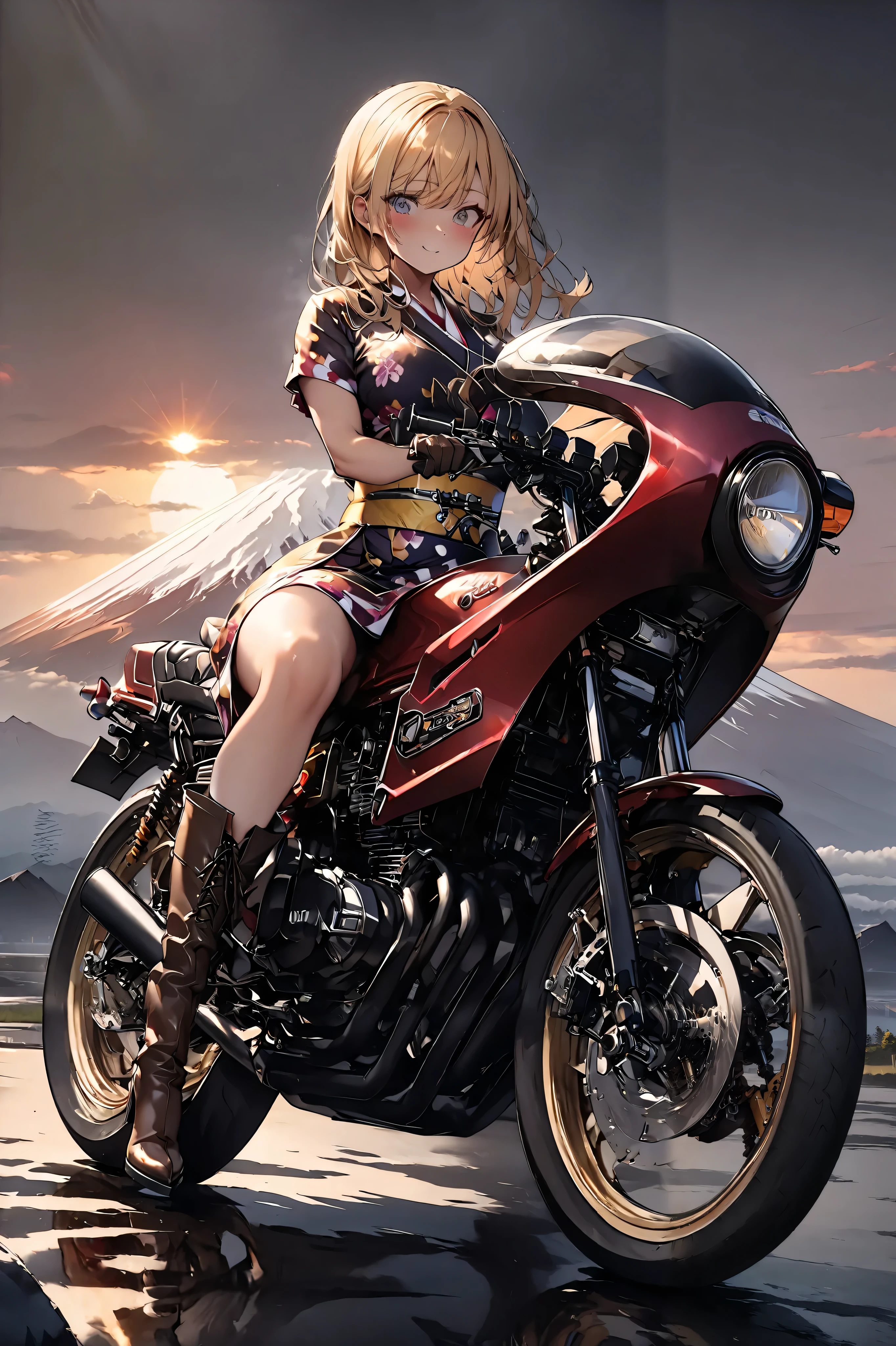 1  girl rides a motorcycle tuned to Honda CBX400F cafe racer specifications、 Japanese Kimono、Sunrise from Mt. Fuji 、Glossy tanned skin,  top quality ,  leather gloves , perfect face、Yellow Hair、 Japanese bad girl、 brown long boots 、 anatomically correct, 