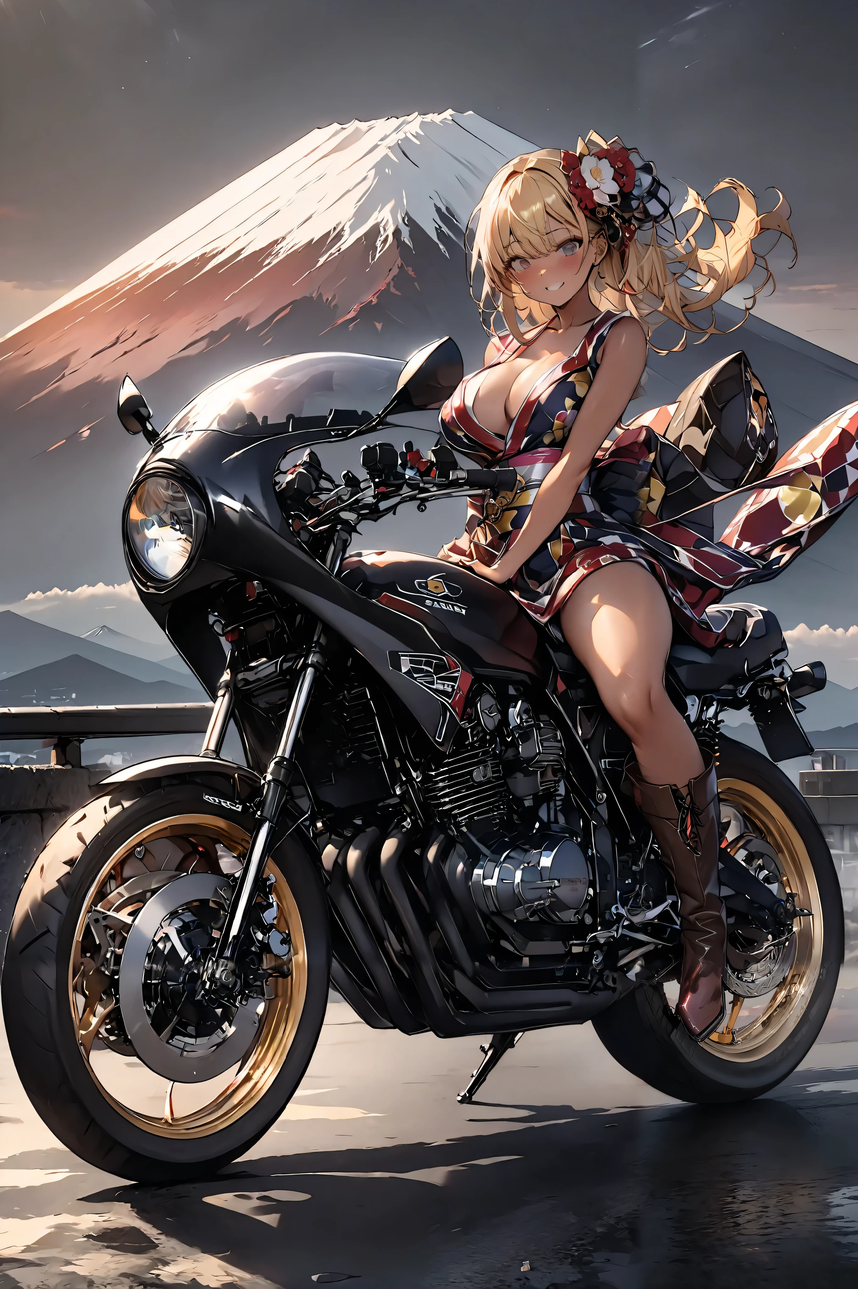 1  girl rides a motorcycle tuned to Honda CBX400F cafe racer specifications、 Japanese Kimono、Sunrise from Mt. Fuji 、Glossy tanned skin,  top quality ,  leather gloves , perfect face、Yellow Hair、 Japanese bad girl、 brown long boots 、 anatomically correct, 