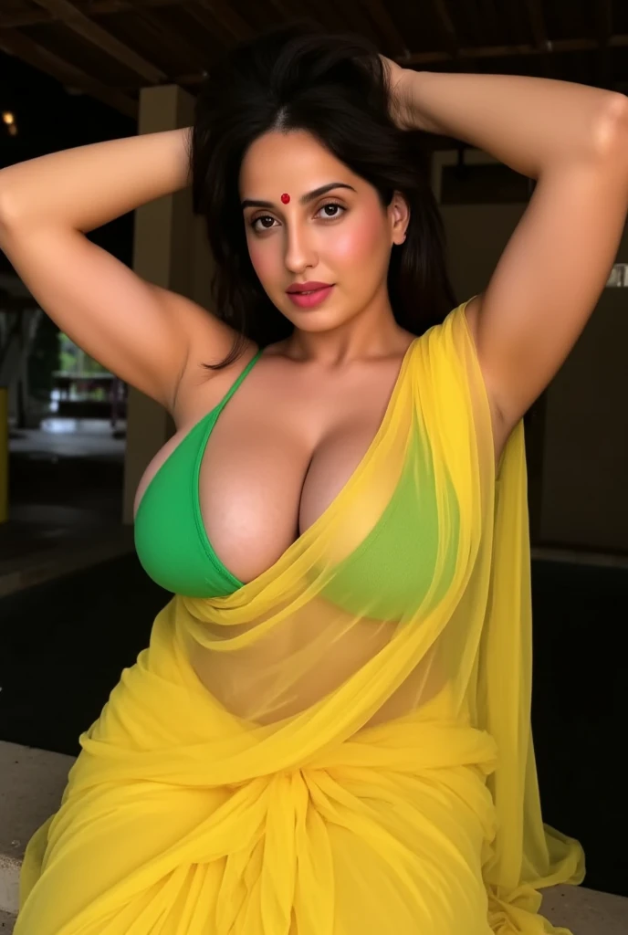 photo of hourglass figure Mature Indian Bengali Aunty with dusky skin, wearing Transparent chiffon yellow saree and green strapless sleevless Blouse, showing her large U cut Cleavage, Red Sindoor on her forehead, Both hands streched up above head showing dark hairy armpits,Hair messed up, nice curves, sitting on a hut balcony , sensual, erotic, Dim light in the hut