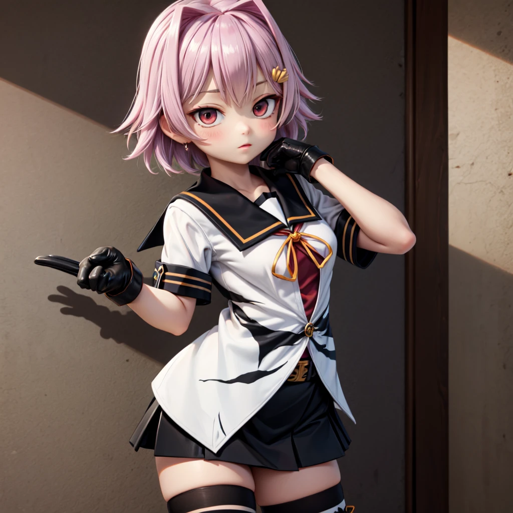 aatama, short hair, hair ornament, black sailor collar, sailor shirt, animal print, short sleeves, black gloves, belt, black skirt, black thighhighs