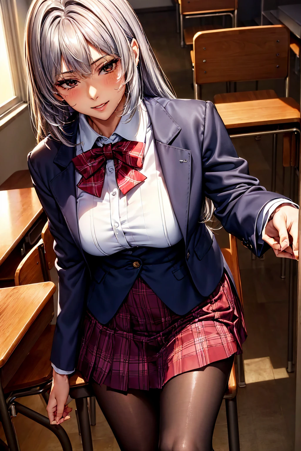 ((( top quality)))、((('s greatest masterpiece)))、Beauty Painting、 8k 、 Ultra High Quality、 perfect anatomy, 1 Female:Age 18、  BEAUTIFUL SLANDER BODY、 beautiful medium breasts、  beautiful faces:smile、 Silver Hair、 best skin and hair texture  、blouse、ribbon、 blazer、 plaid pleated skirt 、tights、 high school uniform 、 high school girl、Standing posture、(A school classroom with a beautiful sunset、chair)、  natural light,  High Res Images、 Overall view of the body 、