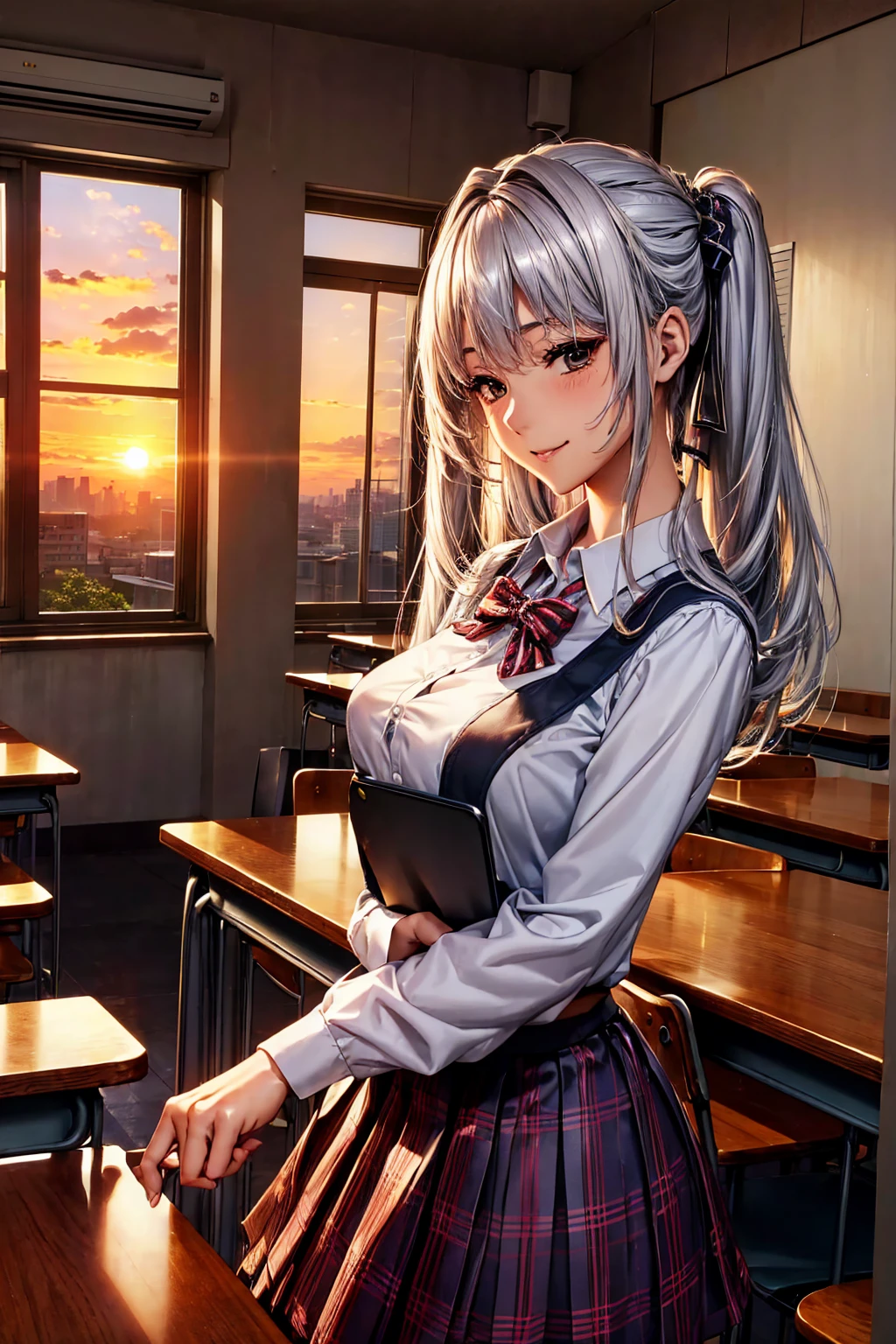 ((( top quality)))、((('s greatest masterpiece)))、Beauty Painting、 8k 、 Ultra High Quality、 perfect anatomy, 1 Female:Age 18、  BEAUTIFUL SLANDER BODY、 beautiful medium breasts、  beautiful faces:smile、 Silver Hair、 best skin and hair texture  、blouse、ribbon、 blazer、 plaid pleated skirt 、tights、 high school uniform 、 high school girl、Standing posture、(A school classroom with a beautiful sunset、chair)、  natural light,  High Res Images、 Overall view of the body 、